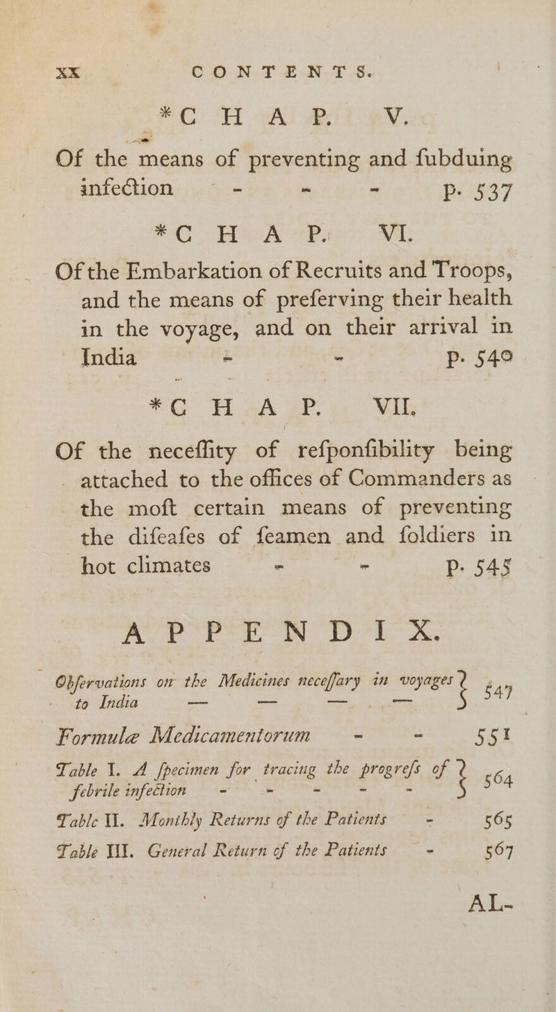 “#C “A oA BH GY, Of the means of preventing and fubduing infection — - - . Pe 537 PQ Hee oes VI. -Ofthe Embarkation of Recruits and Troops, and the means of preferving their health in the voyage, and on their arrival in India ~ - p- 54° Fi ook ae. VIL. Of the neceffity of refponfibility being - attached to the offices of Commanders as the moft certain means of preventing the difeafes of feamen and foldiers in hot climates ~ ~ Pp. 545 Act rd Wok oes  Obfervations on the Medicines neceffary in ages £49 to India — a _ Formule Medicamentorum - - 55% Table 1. A fpecimen yee traci aa. the eee of 6 febrile infection = = 504 Table UW. Monthly Returns of the Patients - 565 Table Il. General Return of the Patients - 567