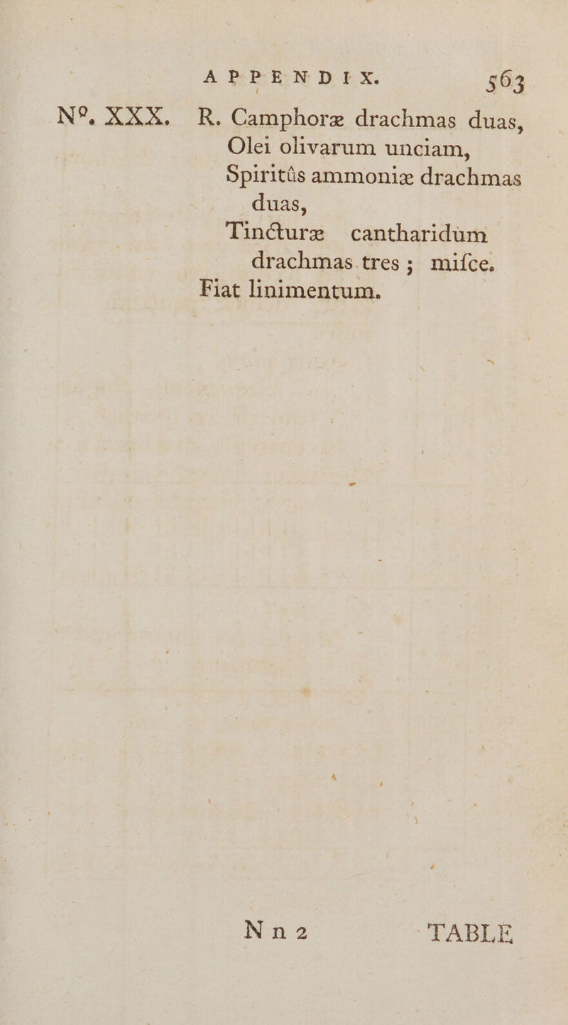 N®, XXX. KR. Camphore drachmas duas, Olei olivarum unciam, Spiritis ammoniz drachmas duas, Tincture cantharidum drachmas.tres ; mifce. Fiat linimentum. | Nn2 TABLE