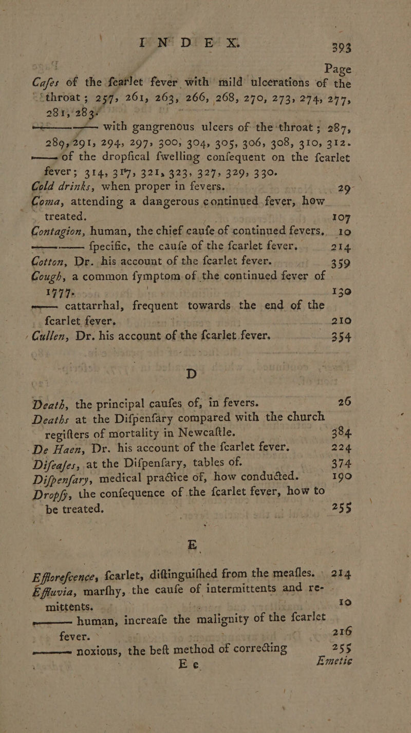 Chae = ; 7 Page Cafes of the featlet fever with mild ulcerations of the “{throat ; 257, 261, 263, 266, 268, 270, 273, 274, 277, 231,/28 30 ees ——_—-——. with gangrenous ulcers of the throat ; 287, 289,291, 294, 297» 300; 394, 305, 306, 308, 310, 312. -——- of the dropfical fwelling confequent on the fcarlet Bever 5 3145 317; 321, 3235 3275 3293 330- Cold drinks, when proper in fevers, . 29- Coma, attending a dangerous continued fever, how . treated, 107 Contagion, human, the chief caufe of continued fevers, 10 : fpecific, the caufe of the fcarlet fever, 214 Cotton, Dr. his account of the fcarlet fever. ; 359 Gough, a common fymptom of the continued fever of TFT 396 | 150 -—— cattarrhal, frequent towards the end of the {carlet fever, eer ts 210 Cullen, Dr. his account of the f{carlet fever, 354 D Death, the principal caufes of, in fevers. 26 Deaths at the Difpenfary compared with the church regifters of mortality in Newcaltle. 384. De Haen, Dr. his account of the fearlet fever. pe! Difeafes, at the Difpenfary, tables of. 374 Difpenfary, medical practice of, how conducted. 190 Dropfy, the confequence of the {carlet fever, how to ‘be treated. it Eee 255 BE  Efflorefcence, {carlet, diftinguifhed from the meafles. _ 214 Effuvia, marfhy, the caufe of intermittents and re- - mittents. ‘ 10 -———— human, increafe the malignity of the fearlet fever. &gt;: | ince 216 ————— noxious, the beft method of correcting ace Ee Emeti¢