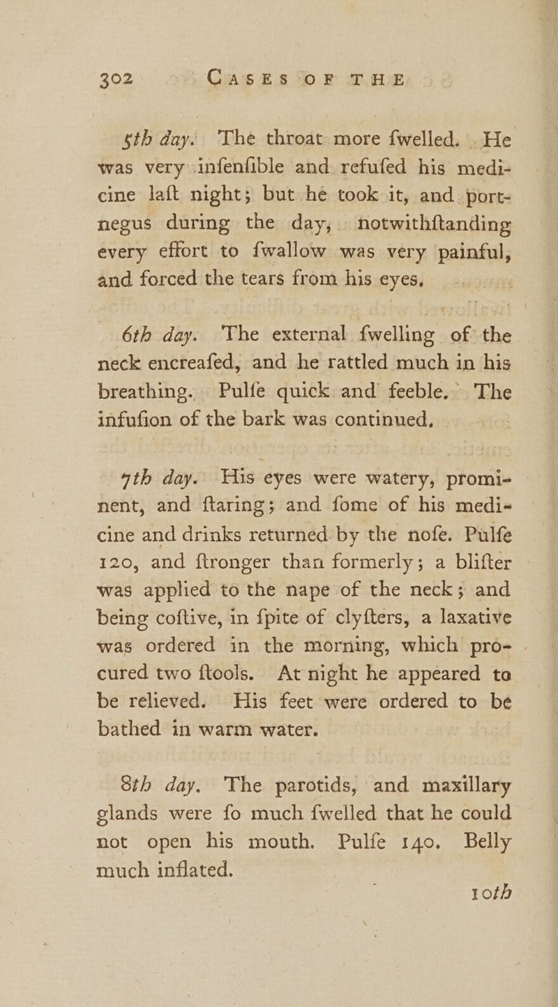 sth day. The throat more fwelled. . He was very infenfible and refufed his medi- cine laft night; but he took it, and_port- negus during the day, notwithftanding every effort to {wallow was very painful, and forced the tears from his eyes, 6th day. The external {welling of the neck encreafed, and he rattled much in his breathing. Pulfe quick and feeble. The infufion of the bark was continued, 7th day. His eyes were watery, promi- nent, and ftaring; and fome of his medi- cine and drinks returned by the nofe. Pulfe 120, and ftronger than formerly; a blifter was applied to the nape of the neck; and being coftive, in {pite of clyfters, a laxative was ordered in the morning, which pro- | cured two ftools. At night he appeared to be relieved. His feet were ordered to be bathed in warm water. | Sth day. The parotids, and maxillary glands were fo much {welled that he could not open his mouth. Pulfe 140. Belly much inflated. 10th