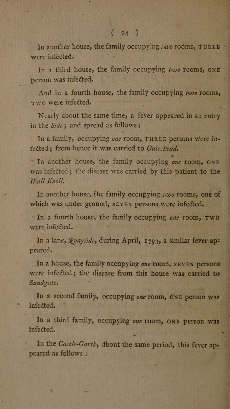 ~ In another house, the family occupying zavo rooms, THREE ~ were infected. : In a third house, the family occupying tao foams, ONE i person was infected. tea q And in a fourth hotise, the Fatty occupying tive rooms, wo were infected. i Pee Nearly about the same time, a fever appeared in an entry in the Side; and spread as follows: - 7 a” In a family, occupying ove room, THREE persons were in= fected; from hence it was carried to Gateshead. | * ~ In another house, the family occupying one YOOM, ONE . ; was infected; the disease was carried by this patient to the Wall Knoll. | . In another house, the family occupying zave rooms, one of ; which was under ground, s&amp;VEN persons were infected, | In a fourth house, the family occupying oze room, TWO were infected. , ee Ina lane, Quayside, during Rpts 1793 a similar polar : peared. ee In a house, the family occupying one room, sEVEN persons ~ were infected; the disease from this house was carried to Sandgate. is : 4 . In a second family, occupying one room, ONE person 1 was” a infected, Sk eae re In a third family, occupying one room, ONE person was infected. ‘a In the Castle-Garthy about the same perio this fever ap- —