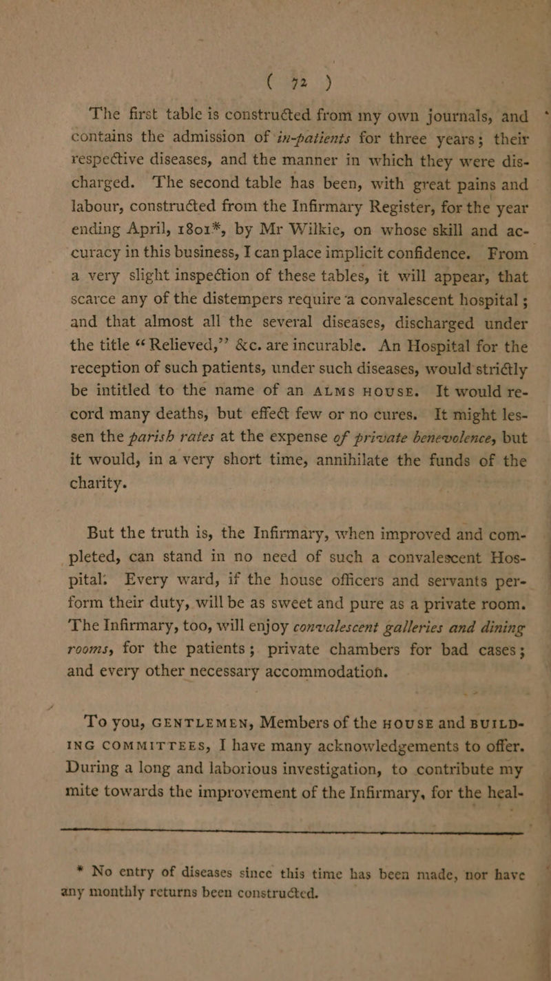 ea) The first table is constructed from my own journals, and contains the admission of ‘in-patients for three years; their respective diseases, and the manner in which they were dis- charged. The second table has been, with great pains and labour, constructed from the Infirmary Register, for the year ending April, 1801*, by Mr Wilkie, on whose skill and ac- curacy in this business, I can place implicit confidence. From a very slight inspeétion of these tables, it will appear, that scarce any of the distempers require ‘a convalescent hospital ; and that almost all the several diseases, discharged under the title “ Relieved,’’ &amp;c. are incurable. An Hospital for the reception of such patients, under such diseases, would stritly be intitled to the name of an ALMs HOUSE. It would re- cord many deaths, but effect few or no cures. It might les- sen the parish rates at the expense of private benevolence, but it would, in a very short time, annihilate the funds of the charity. . But the truth is, the Infirmary, when improved and com- pleted, can stand in no need of such a convalescent Hos- pital. Every ward, if the house officers and servants per- form their duty, will be as sweet and pure as a private room. The Infirmary, too, will enjoy convalescent galleries and dining rooms, for the patients; private chambers for bad cases; and every other necessary accommodation. . 2 To you, GENTLEMEN, Members of the House and BUILD- ING COMMITTEES, I have many acknowledgements to offer. During a long and laborious investigation, to contribute my mite towards the improvement of the Infirmary, for the heal- any monthly returns been constructed.