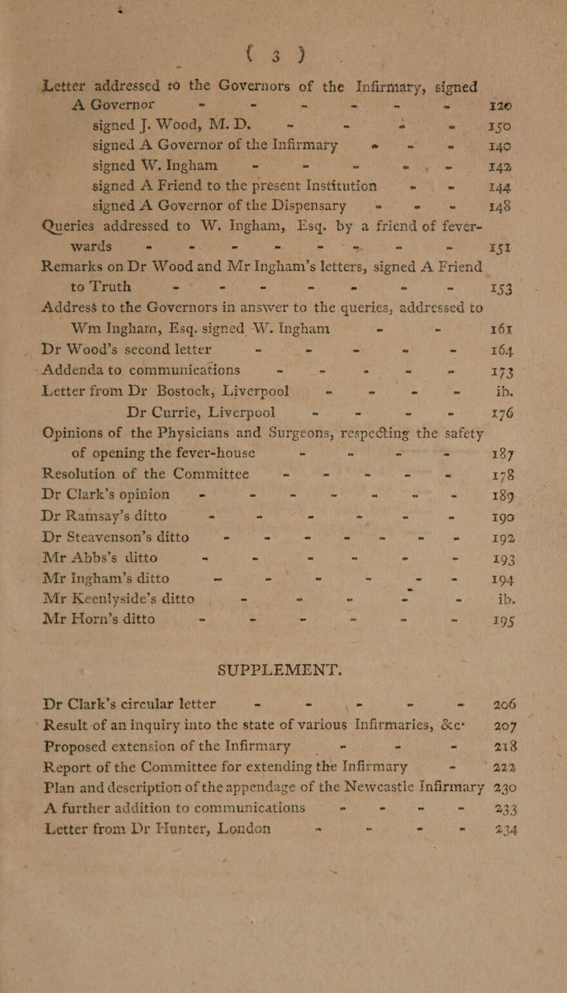 Bee Letter addressed to the Governors of the Infirmary, signed A Governor - - ~ = ~ i 120 signed J. Wood, M.D. - - . . 150 signed A Governor of the Infirmary -_ = ~ 140 signed W. Ingham - - - * - X42, signed A Friend to the present Institution * ~ 144 signed A Governor of the Dispensary = - 148 Queries addressed to W. Ingham, Esq. i a friend of fever- wards - -. - - - ~ - ~ X51 Remarks on Dr Wood and Mr Ingham’ s letters, signed A Friend to Truth - - - ~ - - - 153 Addres$ to the Governors in answer to the queries, addressed to Wm Inghara, Esq. signed W. pas - ~ 16% Dr Wood’s second letter - - - ~ - 164 Addenda to communications - ~ - ~ - 173 Letter from Dr Bostock, Liverpool - = - - ib. Dr Currie, Liverpool - - - - £76 Opinions of the Physicians and Surgeons, respecting the safety of opening the fever-house - - - - 137 Resolution of the Committee - - - - ” 178 Dr Clark’s opinions - = - “ - - - 189 Dr Ramsay’s ditto . - - - = - 190 Dr Steavenson’s ditto - - - - ~ ~ - 192 Mr Abbs’s ditto - ~ - - - - 193 Mr Ingham’s ditto ~ - - - - - 194 Mr Keenlyside’s ditto | - = - = ib. Mr Horn’s ditto - - - - - ~ 195 SUPPLEMENT. Dr Clark’s circular letter - - > - - 206 Result of an inguiry into the state of various Infirmaries, &amp;c* 207 Proposed extension of the Infirmary —— - _ a 218 Report of the Committee for extending the Infirmary = 42% Plan and description of the appendage of the Newcastle Infirmary 230 A further addition to communications - - - - 233 Letter from Dr Hunter, London = a - - 4234