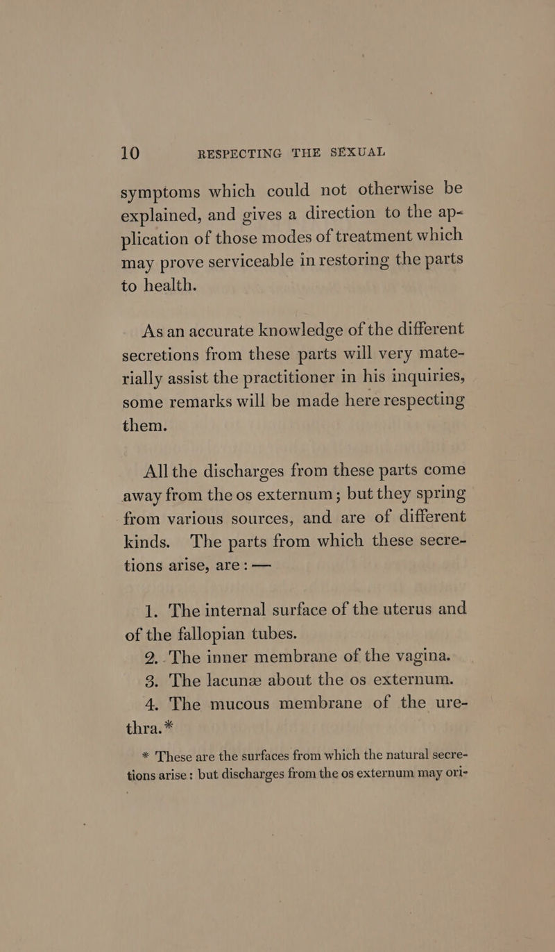 symptoms which could not otherwise be explained, and gives a direction to the ap< plication of those modes of treatment which may prove serviceable in restoring the parts to health. Asan accurate knowledge of the different secretions from these parts will very mate- rially assist the practitioner in his inquiries, some remarks will be made here respecting them. Allthe discharges from these parts come away from the os externum; but they spring from various sources, and are of different kinds. The parts from which these secre- tions arise, are: — 1. The internal surface of the uterus and of the fallopian tubes. 2..The inner membrane of the vagina. 3. The lacunze about the os externum. 4. The mucous membrane of the ure- thra.* * These are the surfaces from which the natural secre- tions arise: but discharges from the os externum may ori-