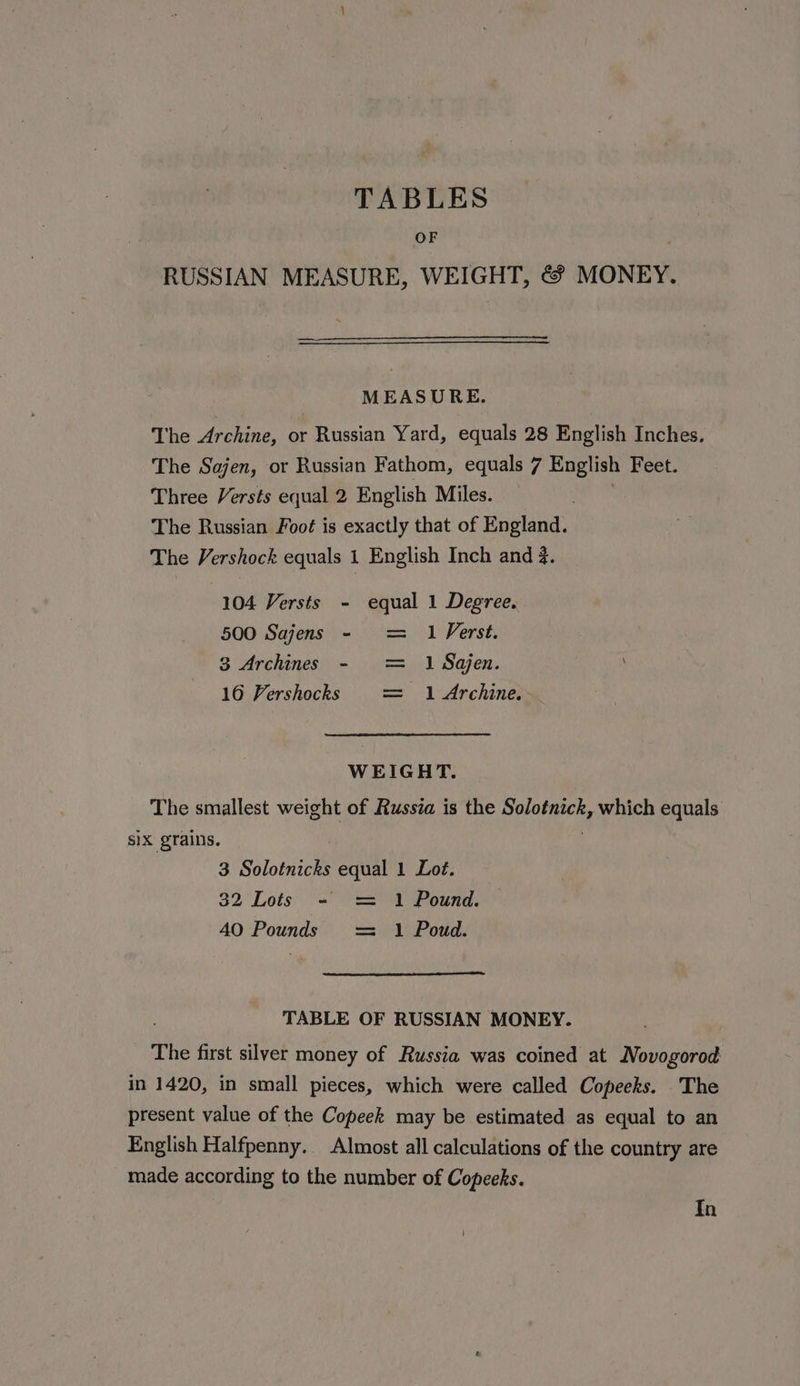 TABLES OF RUSSIAN MEASURE, WEIGHT, &amp; MONEY. MEASURE. The Archine, or Russian Yard, equals 28 English Inches. The Sajen, or Russian Fathom, equals 7 English Feet. Three Versts equal 2 English Miles. The Russian Foot is exactly that of England. The Vershock equals 1 English Inch and 3. 104 Versts - equal 1 Degree. 500 Sajens - = 1 Verst. 3 Archines - = 1 Sajen. 16 Vershocks = 1 Archine. WEIGHT. The smallest weight of Russia is the aad a which equals six grains. 3 Solotnicks equal 1 Lot. 32 Lots = == 1 Pound. 40 Pounds = 1 Poud. TABLE OF RUSSIAN MONEY. The first silver money of Russia was coined at Novogorod in 1420, in small pieces, which were called Copeeks. The present value of the Copeek may be estimated as equal to an English Halfpenny. Almost all calculations of the country are made according to the number of Copeeks. In |