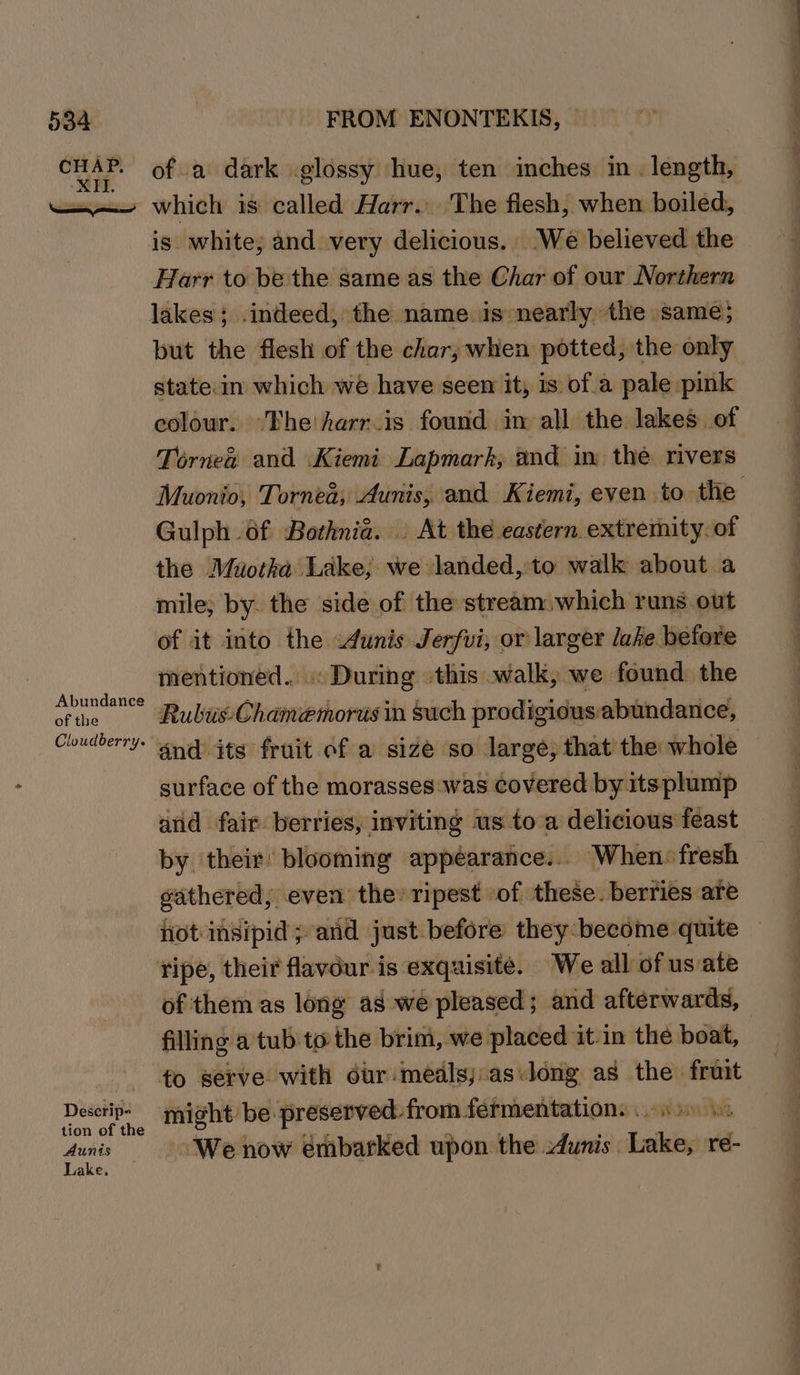 Abundance of the Cloudberry. FROM ENONTEKIS, of a dark glossy hue, ten inches in. length, is white; and very delicious. We believed the Harr to be-the same as the Char of our Northern but the flesh of the char; when potted, the only state.in which we have seen it, 1s of.a pale pink colour. ‘The!harr.is found in all the lakes of Tornea and Kiemi Lapmark, and im the rivers Muonio, Tornea; Aunis, and. Kiemi, even to the Gulph of Bothnia. . At the eastern extremity. of the Muotkha Lake; we landed, to walk about a mile; by. the side of the stream which runs out of it into the unis Jerfvi, or larger lake betore mentioned... « During this walk, we found the Rubus-Chamaemorus in such prodigious: abundance, and’ its fruit 6f a size so large, that the whole surface of the morasses:was covered by itsplump and fair. berries, inviting us toa delicious feast by their! blooming appearance... When: fresh gathered, even the» ripest of these. berries are ot insipid ;and just before they:-become quite ripe, their flavour is exquisite. We all of us ate of them as long as we pleased; and afterwards, | filling a tub to the brim, we placed it.in the boat, Deserip- tion of the Aunis Lake. might be: preserved: from fermentation: «si 6. We now embarked upon the unis: Laikes re-