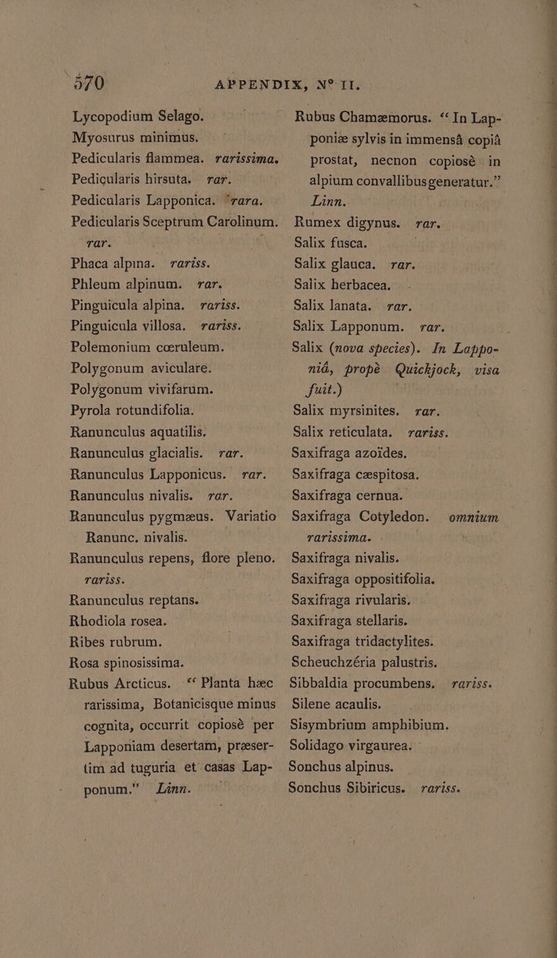 Lycopodium Selago. -Myosurus minimus. Pedicularis flammea. rarissima. Pedicularis hirsuta. rar. Pedicularis Lapponica. ‘vara. Pedicularis Sceptrum Carolinum. rar. : Phaca alpina. rariss. Phleum alpinum. rar. Pinguicula alpina. rariss. Pinguicula villosa. rariss. Polemonium cceruleum. Polygonum aviculare. Polygonum vivifarum. Pyrola rotundifolia. Ranunculus aquatilis. Ranunculus glacialis. rar. Ranunculus Lapponicus. rar. Ranunculus nivalis. rar. Ranunculus pygmeeus. Variatio Ranunc. nivalis. Ranunculus repens, flore pleno. rariss. Ranunculus reptans. Rhodiola rosea. Ribes rubrum. Rosa spinosissima. Rubus Arcticus. * Planta hzec rarissima, Botanicisque minus cognita, occurrit copiosé per Lapponiam desertam, praeser- ponum.” Linn. Rubus Chamzmorus. ‘‘ In Lap- ponize sylvis in immensA copiA prostat, necnon copiosé in alpium convallibusgeneratur.” Linn. Rumex digynus. rar. Salix fusca. Salix glauca. rar. Salix herbacea. Salix lanata. rar. Salix Lapponum. rar. fuit.) Salix myrsinites. rar. Salix reticulata. rariss. Saxifraga azoides, Saxifraga czespitosa. Saxifraga cernua. Saxifraga Cotyledon. omnium rarissima. Saxifraga nivalis. Saxifraga oppositifolia. Saxifraga rivularis. Saxifraga stellaris. Saxifraga tridactylites. Scheuchzéria palustris. Sibbaldia procumbens. rariss. Silene acaulis. Sisymbrium amphibium. Solidago virgaurea. © Sonchus alpinus. Sonchus Sibiricus. rariss.