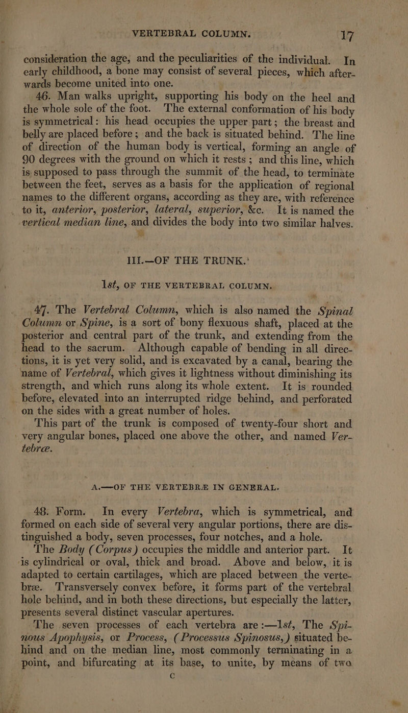 consideration the age, and the peculiarities of the individual. In early childhood, a bone may consist of several pieces, which after- wards become united into one. 46. Man walks upright, supporting his body on the heel and the whole sole of the foot. The external conformation of his body is symmetrical: his head occupies the upper part; the breast and belly are placed before ; and the back is situated behind. The line of direction of the human body is vertical, forming an angle of 90 degrees with the ground on which it rests ; and this line, which is supposed to pass through the summit of the head, to terminate between the feet, serves as a basis for the application of regional names to the different organs, according as they are, with reference . to it, anterior, posterior, lateral, superior, &amp;c. It is named the vertical median line, and divides the body into two similar halves. II.—OF THE TRUNK.’ lst, OF THE VERTEBRAL COLUMN. #7. The Vertebral Column, which is also named the Spinal Column or Spine, is a sort of bony flexuous shaft, placed at the posterior and central part of the trunk, and extending from the head to the sacrum. Although capable of bending in all direc- tions, it is yet very solid, and is excavated by a canal, bearing the name of Vertebral, which gives it lightness without diminishing its strength, and which runs along its whole extent. It is rounded _before, elevated into an interrupted ridge behind, and perforated on the sides with a great number of holes. | This part of the trunk is composed of twenty-four short and very angular bones, placed one above the other, and named Ver- tebre. A.—-OF THE VERTEBRE IN GENERAL. 48. Form. In every Vertebra, which is symmetrical, and formed on each side of several very angular portions, there are dis- tinguished a body, seven processes, four notches, and a hole. The Body (Corpus) occupies the middle and anterior part. It is cylindrical or oval, thick and broad. Above and below, it is adapted to certain cartilages, which are placed between the verte- bree. Transversely convex before, it forms part of the vertebral hole behind, and in both these directions, but especially the latter, presents several distinct vascular apertures. The seven processes of each vertebra are :—1sé, The Spi- nous Apophysis, or Process, (Processus Spinosus,) situated be- hind and on the median line, most commonly terminating in a point, and bifurcating at its base, to unite, by means of twa C