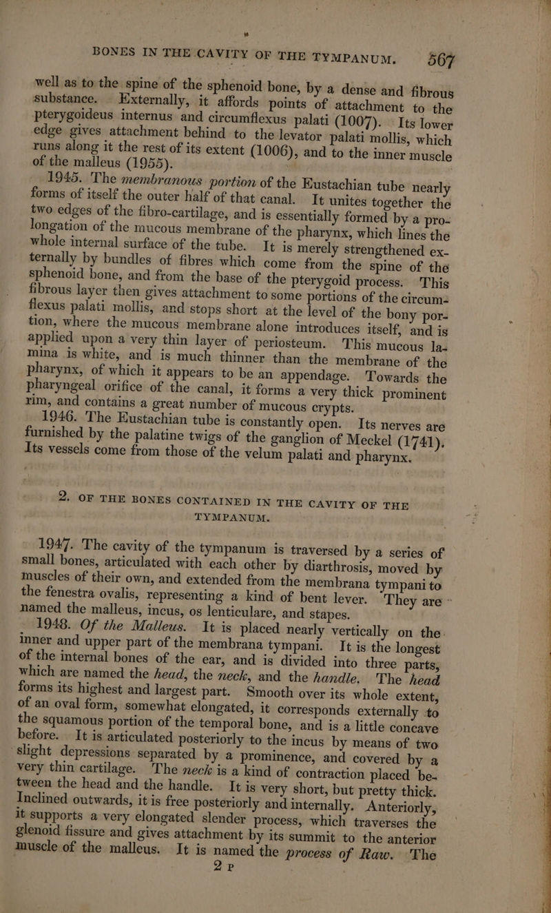 BONES IN THE CAVITY OF THE TYMPANUM. 567 well as to the spine of the sphenoid bone, by a dense and fibrous substance. Externally, it affords points of attachment to the pterygoideus internus and circumflexus palati (1007). Its lower edge gives attachment behind to the levator palati mollis, which runs along it the rest of its extent (1006), and to the inner muscle of the malleus (1955). 3 | 1945. The membranous portion of the Eustachian tube neark forms of itself the outer half of that canal. It unites together the two edges of the fibro-cartilage, and is essentially formed by a pro- longation of the mucous membrane of the pharynx, which lines the whole internal surface of the tube. It is merely strengthened ex- ternally by bundles of fibres which come from the spine of the sphenoid bone, and from the base of the pterygoid process. This fibrous layer then gives attachment to some portions of the circum: flexus palati mollis, and stops short at the level of the bony por- tion, where the mucous membrane alone introduces itself, and is applied upon a very thin layer of periosteum. This mucous la- mina is white, and is much thinner than the membrane of the pharynx, of which it appears to be an appendage. Towards the pharyngeal orifice of the canal, it forms a very thick prominent rim, and contains a great number of mucous crypts. 1946. The Eustachian tube is constantly open. Its nerves are furnished by the palatine twigs of the ganglion of Meckel (1741). Its vessels come from those of the velum palati and pharynx. 2, OF THE BONES CONTAINED IN THE CAVITY OF THE TYMPANUM. 1947. The cavity of the tympanum is traversed by a series of small bones, articulated with each other by diarthrosis, moved by muscles of their own, and extended from the membrana tympani to named the malleus, incus, os lenticulare, and stapes. 1948. Of the Malleus. It is placed nearly vertically on the. inner and upper part of the membrana tympani. It is the longest of the internal bones of the ear, and is divided into three parts, which are named the head, the neck, and the handle. The head forms its highest and largest part. Smooth over its whole extent, of an oval form, somewhat elongated, it corresponds externally to the squamous portion of the temporal bone, and is a little concave before. It is articulated posteriorly to the incus by means of two slight depressions: separated by a prominence, and covered by a very thin cartilage. The neck is a kind of contraction placed be- tween the head and the handle. It is very short, but pretty thick. Inclined outwards, it is free posteriorly and internally. Anteriorly, it supports a very elongated slender process, which traverses the glenoid fissure and gives attachment by its summit to the anterior muscle of the malleus. It is named the process of Raw. The . 2P a Spel ey enc et ea ee St le