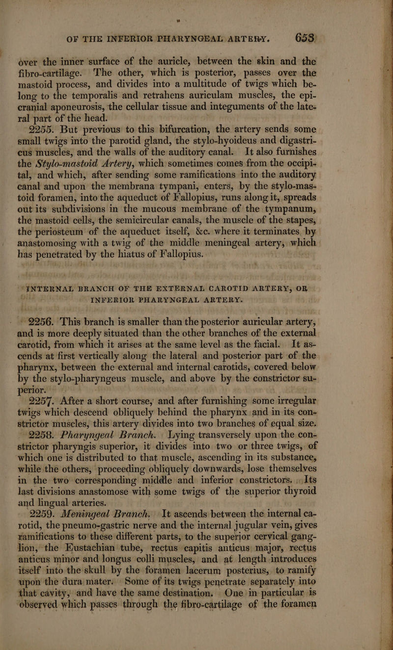 OF THE INFERIOR PHARYNGEAL ARTERY. 653: over the inner surface of the auricle, between the skin and the fibro-cartilage. The other, which is posterior, passes over the mastoid process, and divides into a multitude of twigs which be- long to the temporalis and retrahens auriculam muscles, the epi- cranial aponeurosis, the cellular tissue and integuments of the late- ral part of the head. 2255. But previous to this bifurcation, the artery sends some small twigs into the parotid gland, the stylo-hyoideus and digastri- cus muscles, and the walls of the auditory canal. It also furnishes the Stylo-mastoid Artery, which sometimes comes from the occipi- tal, and which, after sending some ramifications into the auditory canal and upon the membrana tympani, enters, by the stylo-mas- toid foramen, into the aqueduct of Fallopius, runs along it, spreads out its subdivisions in the mucous membrane of the tympanum, the mastoid cells, the semicircular canals, the muscle of the stapes, the periosteum of the aqueduct itself, &amp;c. where it terminates. by anastomosing with a twig of the riitidie meningeal art pis No has penetrated eel the hiatus of Fallopius. ie gph ies, BRANCH OF THE EXTERNAL CAROTID ARTERY, OR ot: pel paca PHARYNGEAL ARTERY. + 9256. This ati is smaller than the posterior auricular artery, ‘and is more deeply situated than the other branches of the external carotid, from which it arises at the same level as the facial. It as- cends at first vertically along the lateral and posterior part of the pharynx, between the external and internal carotids, covered below by the stylo-pharyngeus muscle, and above by the constrictor su- perior. 2257. After a short course, and after furnishing some nepal twigs which descend obliquely behind the pharynx and in its con- strictor muscles, this artery divides into two branches of equal size. 2258. Pharyngeal Branch. Lying transversely upon the con- strictor pharyngis superior, it divides into two or three twigs, of which one is distributed to that muscle, ascending in its substance, while the others, ‘proceeding obliquely downwards, lose themselves in the two corresponding middle and inferior constrictors. Its last divisions anastomose with some twigs of the superior thyroid and lingual arteries. 2259. Meningeal Branch. It ascends between the internal ca- rotid, the pneumo-gastric nerve and the internal jugular vein, gives ramifications to these different parts, to the superior cervical gang- lion, ‘the Eustachian tube, rectus capitis anticus major, AAA anticus minor and longus colli muscles, and at length introduces itself into the skull by the foramen lacerum posterius, to ramity upon the dura mater. Some of its twigs penetrate separately into that cavity, and have the same destination. One in particular is “observed which passes through the fibro-cartilage of the foramen