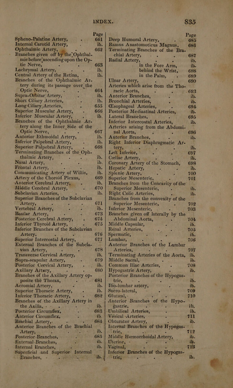 Spheno-Palatine Artery, ; Internal Carotid Artery, Ophthalmic Artery, : Branches given off bythe“ Ophthal. mic before’ascending upon the Op- tic Nerve, : Lachrymal Artery, . . Central Artery of the Retina, Branches of the Ophthalmic Ar- tery during its passage over, the Optic Nerve, : ; Supra-Orbitar’ Artery, Short Ciliary Arteries, ° Long Ciliary; Arteries, . Superior Muscular Artery, Inferior Muscular Artery, . Branches of the Ophthalmic Ar- tery along the Inner Side of the Optic Nerve, . Anterior Ethmoidal Artery, Inferior Paipebral Artery, Superior Palpebral Artery, - Terminating Branches of the ALU thalmic Artery, Nasal Artery, ‘ Frontal Artery, - : Communicating Artery of Willis, Artery of the Choroid Plexus, ‘Anterior Cerebral Artery, . Middle Cerebral Artery, : : Subclavian Arteries, Superior Branches of the Subclavian Artery, : Vertebral Aitery, : : Basilar Artery, . ; Posterior Cerebral Artery, : Inferior Thyroid Artery, À Inferior. Branches of the Subelavian Artery, Superior Intercostal ary. External Branches of the Subcla- vian Artery, : F Transverse Cervical Artery, Supra-scapular Artery, . - Posterior Cervical Artery, à Axillary Artery, Branches of the ‘Axillary Artery oP: posite the Thorax, s Acromial Artery, £ Superior Thoracic Artery, . Inferior Thoracic Artery, . Branches of the Axillary dr tp in the Axilla, +: - . Posterior Circumflex, Anterior Circumflex, Brachial Artery,- : Anterior Branches - of the Brachial Artery, 4 ; | Posterior-Branches, External Branches, - Internal Branches, A Branches, - «fate INDEX. 835 Page Page 661 | Deep Humoral Artery, … 685 ib. | Ramus Anastomoticus Magnus, 686 662 | Terminating Branches of the Bra- chial Artery, eee  687 Radial Artery, . ib. 663 in the Fore Aoi ib. ib. behind the Wrist, 688 ib. in the Palm, è 689 | Ulnar Artery, 690 Arteries which arise from the Tho- 664 racic Aorta, 5 ‘ . 693 ib. | Anterior Branches, . ib. ib. | Bronchial Arteries, 4 ib. 655 | Œsophageal Arteries, : 694 666 | Posterior Mediastinal Arteries, ib. ib, | Lateral Branches, 695 | Inferior Intercostal Arteries, ib. Arteries arising from the Abdomi- 667 nal Aorta, à : 696 ib. | Anterior Branches, ib. ib. | Right Inferior Diaphragmatic Ar- 668 tery, sie . ib. Left nferior, : ; 697 ib. | Cœliac Artery, ib. ib. | Coronary Artery of the Stomach, 698 ib. | Hepatic Artery, ib. ib. | Splenic Artery, : 700 669 | Superior Mesenteric, . 701 ib. | Branches from the Concavity of the: 670 Superior Mesenteric, : ib. ib. | Right Colic Arteries, ib. Branches from the convexity of the 671 Superior Mesenteric, ! 702 ib. | Inferior Mesenteric, 703 673 | Branches given off laterally by the 674 Abdominal Aorta, . 104 675 | Middle Capsular, : ib. Renal Arteries, ry = 705 676 | Spermatic, F LE ib. 677 | Lumbar, : 706 ~ | Anterior Branches of the Lumbar 678 Arteries, 707 ib. Terminating Aftèries of the Aorta, ib. 679 | Middle Sacral, : ib. ib. | Common Thine Arteries, 708 680 | Hypogastrie Artery, ib. Posterior Branches of the Hi pages tric, ane : ib. Ilio-lumbar artery, 3 ib. Sacro-lateral, . 709 Glutæal, - 710 | Anterior Branches ‘of the Hypo- gastrie, : ib, |. Umbilical Arteries: : ib. Vesical «Arteries, à 711 Obturator Artery, ib. Internal Branches of the Hypogas- | tric, 712 Middle Hœmorrhoidal Artery, ib. Uterine, &gt; | : ‘ ib. . | Vaginal, 713 ‘tric, : .