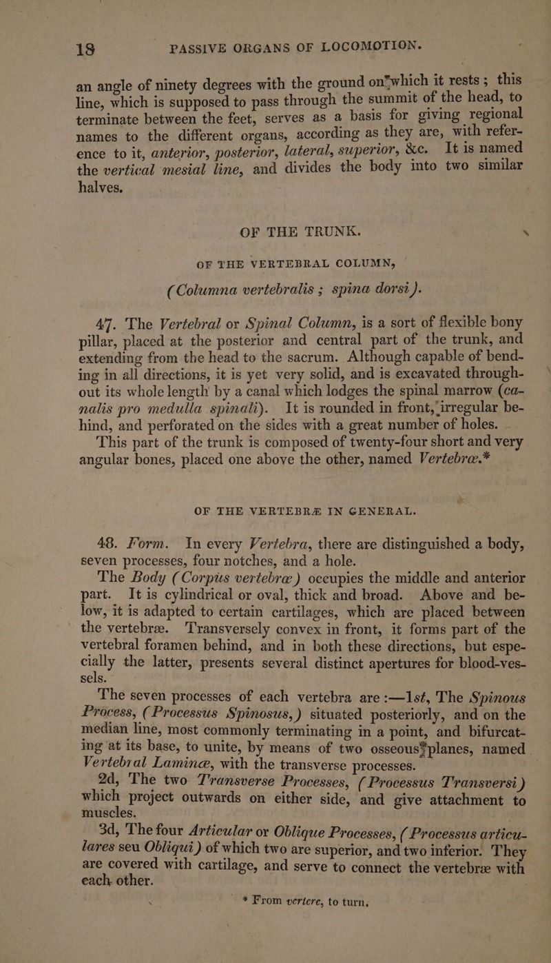 an angle of ninety degrees with the ground on’which it rests ; this line, which is supposed to pass through the summit of the head, to terminate between the fect, serves as a basis for giving regional names to the different organs, according as they are, with refer- ence to it, anterior, posterior, lateral, superior, &amp;c. It is named the vertical ‘mesial line, and divides the body into two similar halves. ; OF THE TRUNK. ‘ OF THE VERTEBRAL COLUMN, | (Columna vertebralis ; spina dorsi). 47. The Vertebral or Spinal Column, is a sort of flexible bony pillar, placed at the posterior and central part of the trunk, and extending from the head to the sacrum. Although capable of bend- ing in all directions, it is yet very solid, and is excavated through- out its whole length’ by a canal which lodges the spinal marrow (ca- nalis pro medulla spinali). It is rounded in front,‘irregular be- hind, and perforated on the sides with a great number of holes. - This part of the trunk is composed of twenty-four short and very angular bones, placed one above the other, named Vertebra.* OF THE VERTEBRA IN GENERAL. 48. Form. In every Vertebra, there are distinguished a body, seven processes, four notches, and a hole. — The Body (Corpus vertebra) occupies the middle and anterior part. It is cylindrical or oval, thick and broad. Above and be- low, it is adapted to certain cartilages, which are placed between - the vertebrae. Tyansversely convex in front, it forms part of the vertebral foramen behind, and in both these directions, but espe- cope the latter, presents several distinct apertures for blood-ves- sels. The seven processes of each vertebra are :—1st, The Spinous Process, (Processus S'tpinosus,) situated posteriorly, and on the median line, most commonly terminating in a point, and bifurcat- ing ‘at its base, to unite, by means of two osseous’ planes, named Vertebral Lamine, with the transverse processes. 2d, The two J'ransverse Processes, (Processus Transversi ) which project outwards on either side, and give attachment to muscles. | | 3d, The four Articular or Oblique Processes, ( Processus articu- dares seu Obliqui ) of which two are superior, and two inferior. They are covered with cartilage, and serve to connect the vertebra with each. other. bi | * From vertere, to turn,