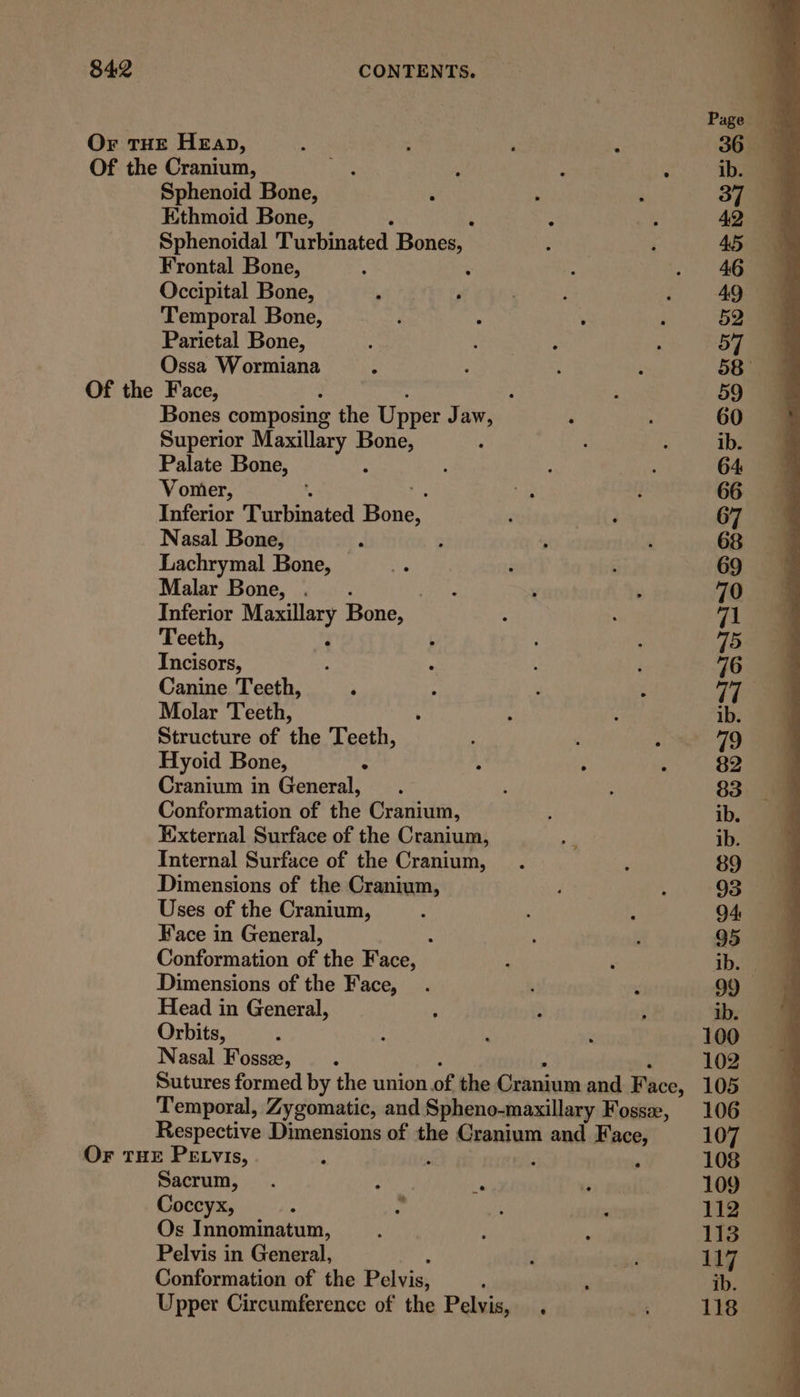 Or THE Heap, Of the Cranium, Sphenoid Bone, Ethmoid Bone, . ‘ Sphenoidal Turbinated Bones, Frontal Bone, ‘ Occipital Bone, Temporal Bone, Parietal Bone, Ossa Wormiana Of the Face, : . Bones composing the Upper Jaw, Superior Maxillary Bone, Palate Bone, : Vomer, 3h Inferior Turbinated Bone, Nasal Bone, Lachrymal Bone, Malar Bone, . . : Inferior Maxillary Bone, Teeth, Incisors, . Canine Teeth, P Molar Teeth, ‘ Structure of the Teeth, Hyoid Bone, ° Cranium in General, Conformation of the Cranium, External Surface of the Cranium, Internal Surface of the Cranium, Dimensions of the Cranium, Uses of the Cranium, Face in General, d Conformation of the Face, Dimensions of the Face, Head in General, Orbits, ! Nasal Fosse, : : : me Sutures formed by the union of the Cranium and Face, Temporal, Zygomatic, and Spheno-maxillary Fosse, Respective Dimensions of the Cranium and Face, OF THE PELvVIs, Sacrum, Coccyx, Os Innominatum, Pelvis in General, : Conformation of the Pelvis, ; Upper Circumference of the Pelvis, .