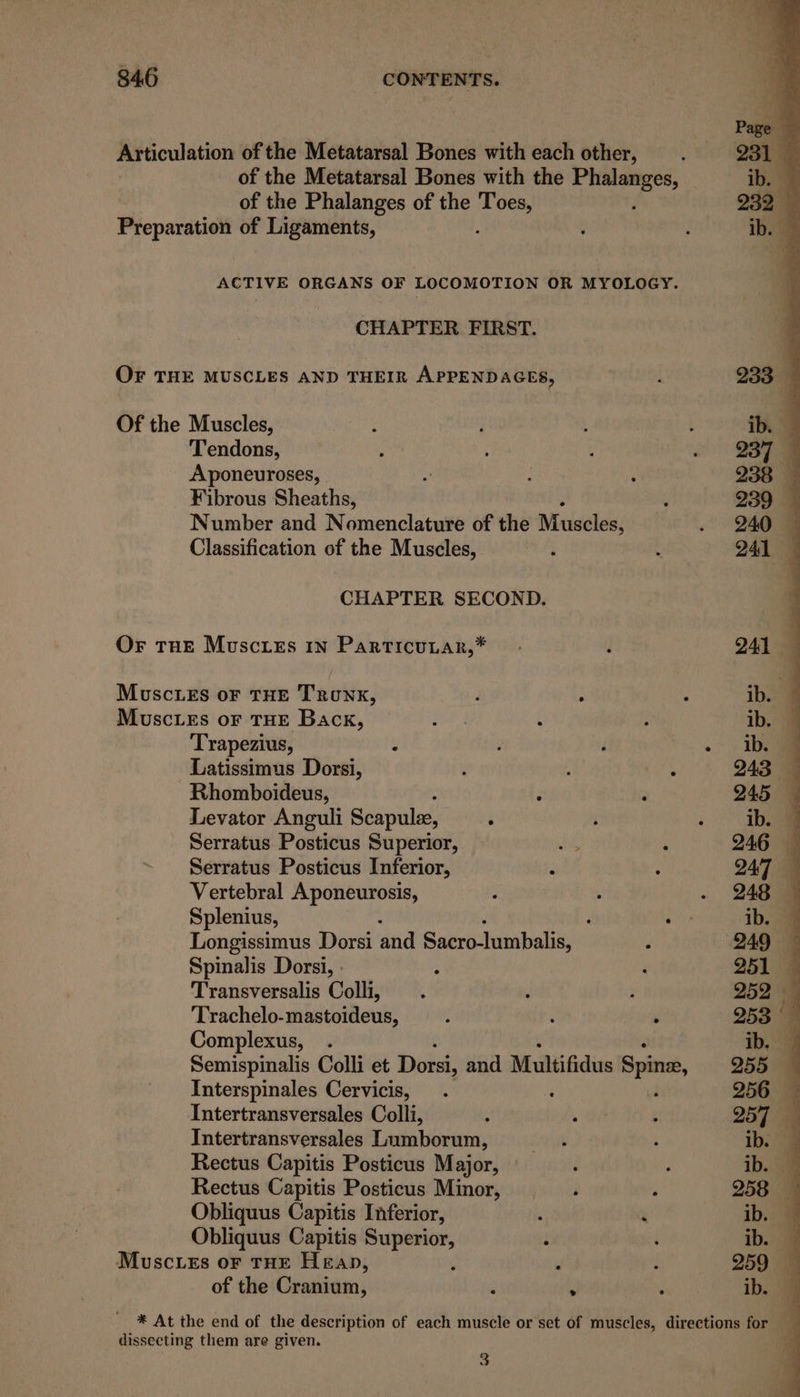 Articulation of the Metatarsal Bones with each other, of the Metatarsal Bones with the whey sot of the Phalanges of the ain Preparation of Ligaments, ACTIVE ORGANS OF LOCOMOTION OR MYOLOGY. CHAPTER FIRST. OF THE MUSCLES AND THEIR APPENDAGES, Of the Muscles, Tendons, Aponeuroses, Fibrous Sheaths, Number and Nomenclature of the Muscles; Classification of the Muscles, CHAPTER SECOND. Or THE MusctreEs in ParticuLar,* Musc ies oF THE Back, : : Trapezius, : Latissimus Dorsi, g . : Rhomboideus, : 2 Levator Anguli Scapulee, ° Serratus Posticus Superior, oe ‘ Serratus Posticus Inferior, , : Vertebral Aponeurosis, Splenius, ‘ : Longissimus Dorsi and Sacro-lumbalis, ‘ Spinalis Dorsi, . ‘ Transversalis Colli, Trachelo-mastoideus, i : : Complexus, . Semispinalis Colli et Dorsi, and Multifidus Spine, Interspinales Cervicis, . : Intertransversales Colli, 3 ; Intertransversales Lumborum, Lay Rectus Capitis Posticus Major, Rectus Capitis Posticus Minor, _—__. : Obliquus Capitis Inferior, ‘ : Obliquus Capitis Superior, . MuscLes oF THE Heap, , ’ : of the Cranium, ; : ‘ dissecting them are given. 3