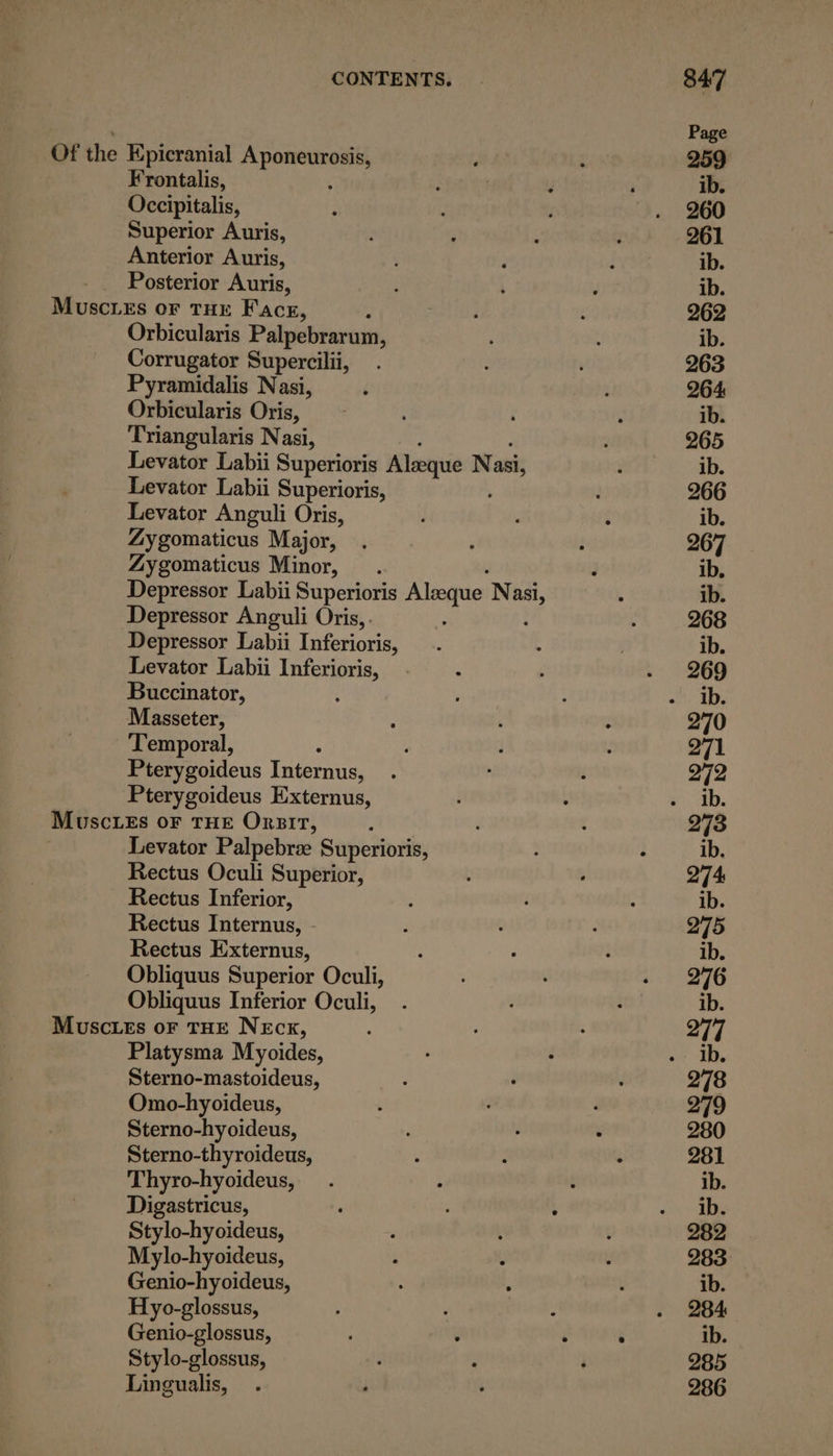 F rontalis, Occipitalis, Superior Auris, Anterior Auris, Posterior Auris, Orbicularis Palpebrarum, Corrugator Supercilii, Pyramidalis Nasi, Orbicularis Oris, Triangularis Nasi, Levator Labii Superioris Aleeque Nasi Levator Labii Superioris, Levator Anguli Oris, Zy gomaticus Major, Zygomaticus Minor, Depressor Labii Superioris Alveque eer Depressor Anguli Oris, . Depressor Labii Inferioris, Levator Labii Inferioris, Buccinator, : Masseter, Temporal, Pterygoideus Internus, Pterygoideus Externus, Levator Palpebrze Superioris, Rectus Oculi Superior, Rectus Inferior, Rectus Internus, - Rectus Externus, Obliquus Superior Oculi, Obliquus Inferior Oculi, Platysma Myoides, Sterno-mastoideus, Omo-hyoideus, Sterno-hyoideus, Sterno-thyroideus, Thyro-hyoideus, Digastricus, Stylo-hyoideus, Mylo-hyoideus, Genio-hyoideus, Hyo-glossus, Genio-glossus, Stylo-glossus, Lingualis,