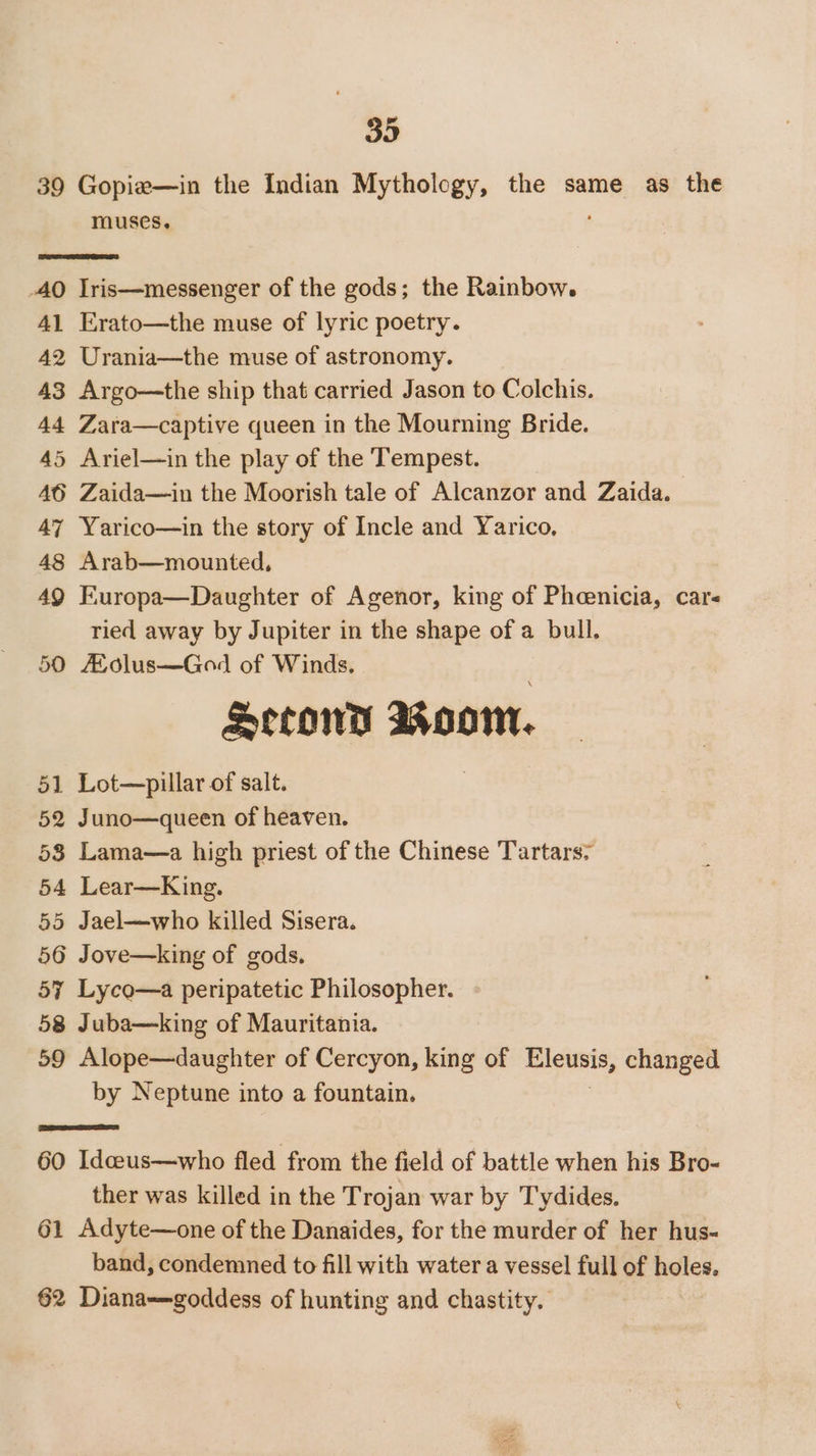 39 Gopie—in the Indian Mythology, the same as the muses. 40 Iris—messenger of the gods; the Rainbow. 41 Erato—the muse of lyric poetry. 42 Urania—the muse of astronomy. 43 Argo—the ship that carried Jason to Colchis. 44 Zara—captive queen in the Mourning Bride. 45 Ariel—in the play of the Tempest. 46 Zaida—in the Moorish tale of Alcanzor and Zaida. 47 Yarico—in the story of Incle and Yarico, 48 Arab—mounted, 49 Europa—Daughter of Agenor, king of Phoenicia, cars ried away by Jupiter in the shape of a bull. 50 A’dlus—God of Winds. Sccony soon. 51 Lot—pillar of salt. 52 Juno—queen of heaven. 53 Lama—a high priest of the Chinese Tartars: 54 Lear—King. 55 Jael—who killed Sisera. 56 Jove—king of gods. 57 Lyco—a peripatetic Philosopher. 58 Juba—king of Mauritania. 59 Alope—daughter of Cercyon, king of nhs, changed by Neptune into a fountain. 60 Idceus—who fled from the field of battle when his Bro- ther was killed in the Trojan war by Tydides. 61 Adyte—one of the Danaides, for the murder of her hus- band, condemned to fill with water a vessel full of holes. 62 Diana—goddess of hunting and chastity.