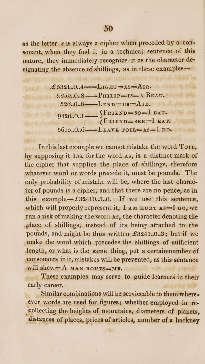 as the letter s is always a cipher when preceded by a con- sonant, when they find it in a technical sentence of this nature, they immediately recognize it as the character de- signating the absence of shillings, as in these examples— £ 5321..0.4——Lignt=as=AIR. 9259..0..8——PH1ILIP=1s=A BEAU. 526..0.6——LEND=vus=AID. 9426..0..1-——= ieee it EAT. | FRIEND=SEE=I EAT. 5615..0.6——_LEAVE TOIL=as=I Doz In this last example we cannot mistake the word Tort, by supposing it 15s, for the word as, is a distinct mark of the cipher that supplies the place of shillings, therefore whatever word or words precede it, must be pounds. The only probability of mistake will be, where the last charac- ter of pounds is a cipher, and that there are no pence, as in this example—£32410..3..0. If we use this sentence, which will properly represent it, lam HuRT as=I Go, we tun a risk of making the word As, the character denoting the piace of shillings, instead of its being attached to the pounds, and might be thus written £3241..0..8; but if we make the word which precedes the shillings of sufficient dength, or what is the same thing, put a certainnumber of consonants init, mistakes will be prevented, as janis sentence will shew=A MAN ROUTS=ME. a These dicuiiaiee may serve to guide learners in 1 thefr early career. Similar aera will be serviceable to theif Beliete ever words are used for figures; whether employed in re- collecting the heights of mountains, diameters of planets, sistances of places, prices of articles, number of a hackney