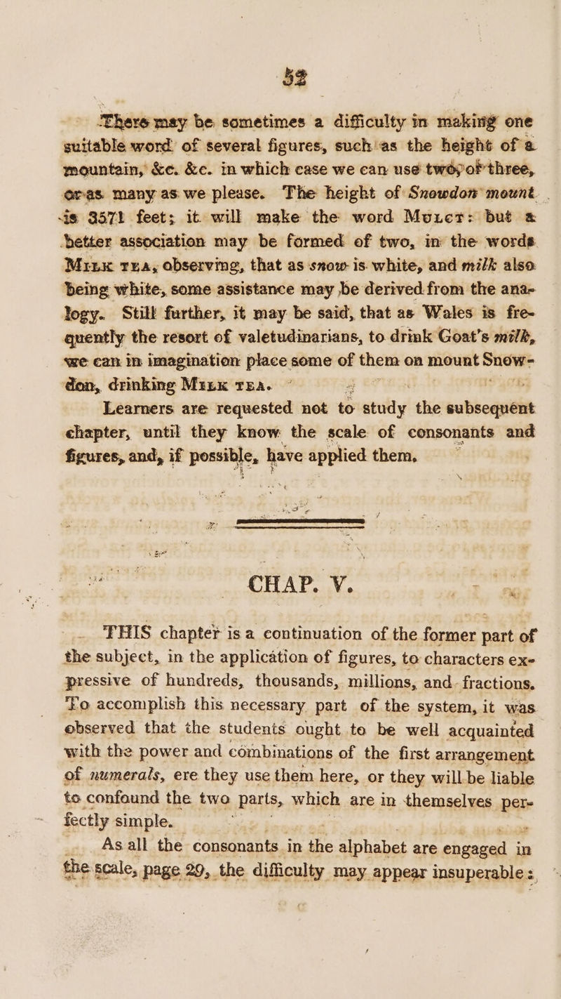 ‘52 There may be sometimes a difficulty in making one suitable word: of several figures, suchas the height of a mountain, &amp;¢. &amp;c. in which case we can use twopof three, oras. many as we please. The height of Snowdom mount. | is 3571 feet; it will make the word Muuet: but «@ better association may be farmed of two, m the words Mizx ty, observing, that as snow is. white, and milk also being white, some assistance may be derived from the ana- logy. Still further, it may be said, that as Wales is fre- quently the resort of valetudinarians, to drmk Goat's milk, ‘we can Im imagination place some - isi on mount nee don, drinking Mrzx TEA. Learners are requested not to patully the voto chapter, until they know the scale of consonants and figures, and, if — have applied them. CHAP. V. Mp, THIS chapter is a continuation of the former part of the subject, in the application of figures, to characters exe pressive of hundreds, thousands, millions, and. fractions. ‘Fo accomplish this necessary part of the system, it was observed that the students ought te be well acquainted with the power and combinations of the first arrangement of numerals, ere they use them here, or they will be liable to confound the two parts, which are in themselves per- fectly simple. | _... Asall the consonants in the alphabet are eet in the scale, page 29, the difficulty may appear insuperable : “4