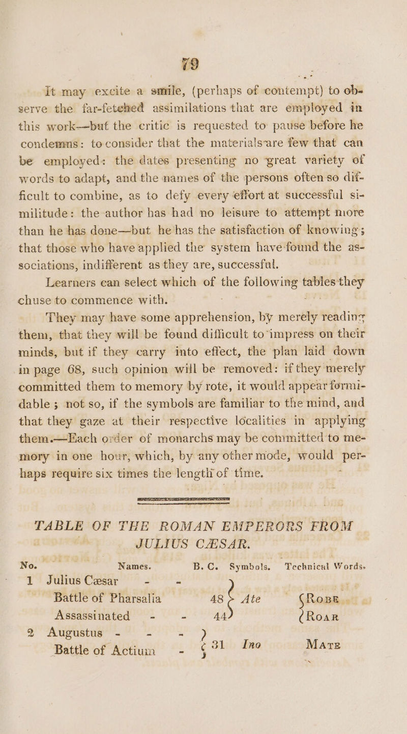 it may excite a smile, (perhaps of contempt) to ob- serve the far-feteed assimilations that are employed in this work-——but the critic is requested to pause before he condemns: toconsider that the materialsare few that can be employed: the dates presenting no great variety of words to adapt, and the names of the persons often se dii- ficult to combine, as to defy every effort at successful si- militude: the author has had no leisure to attempt more than he has done—but he has the satisfaction of knowing; that those who have applied the system have-found the as- sociations, indifferent as they are, successfal. , Learners can select which of the none tables they chuse to commence with. They may have some apprehension, by medi reading them, that they will be found difficult to impress on their minds, but if they carry imto effect, the plan laid down in page 68, such opinion will be removed: if they merely committed them to memory by rote, it would appear fermi- dable ; not so, if the symbols are familiar to the mind, and that they gaze at their respective localities in applying them.—Hach order of monarchs may be committed to me- mory in one hour, which, by any other mode, would per- haps require six times the length of time. p TABLE OF THE ROMAN EMPERORS FROM JULIUS CHSAR. : alee i Names. B.C. Symbols. ‘ Pachuicel Wordus 1 Julius Cesar - = *7 Battle of Pharsalia 48 Ate (Rose. Assassinated = - - AA ite 2 Augustus - rs : ? Battle of Actium = - ¢ 31 Ino Mare “i