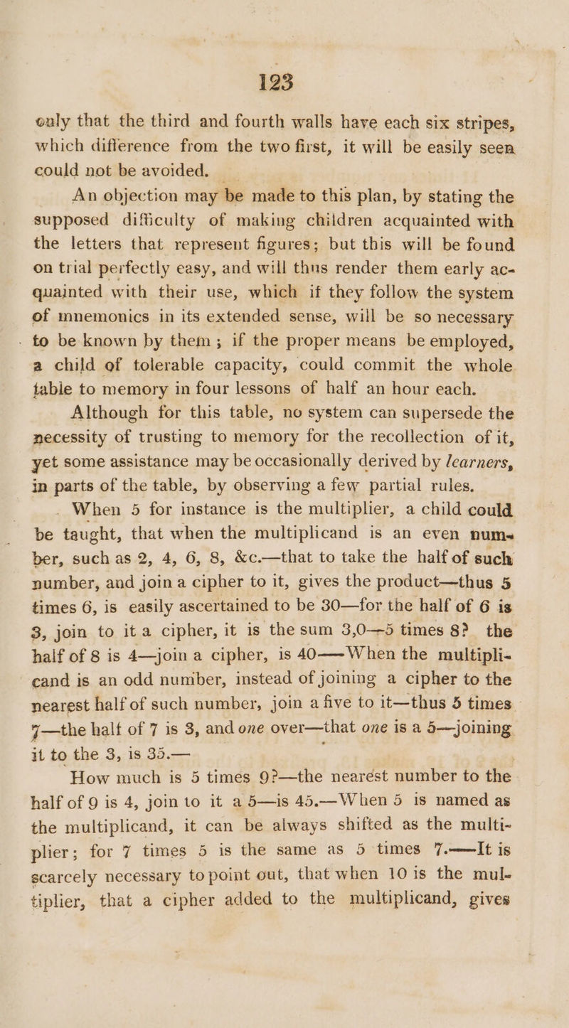 only that the third and fourth walls have each six stripes, which difference from the two first, it will be easily seen could not be avoided. a An objection may be made to this plan, by stating the supposed difficulty of making children acquainted with the letters that represent figures; but this will be found on trial perfectly easy, and will thus render them early ac- quainted with their use, which if they follow the system of mnemonics in its extended sense, will be so necessary - to be known by them ; if the proper means be employed, a child of tolerable capacity, could commit the whole table to memory in four lessons of half an hour each. Although for this table, no system can supersede the necessity of trusting to memory for the recollection of it, yet some assistance may be occasionally derived by /earners, in parts of the table, by observing a few partial rules. . When 5 for instance is the multiplier, a child could be taught, that when the multiplicand is an even num- ber, such as 2, 4, 6, 8, &amp;c.—that to take the half of such number, and join a cipher to it, gives the product—thus 5 times 6, is easily ascertained to be 30—for the half of 6 is 3, join to ita cipher, it is the sum 3,0—5 times 8? the half of 8 is 4—join a cipher, is 40—~When the multipli- cand is an odd number, instead of joining a cipher to the nearest half of such number, join a five to it—thus 5 times 47—the halt of 7 is 3, and one over—that one 18 a 5—joiming it to the 3, is 35.— | How much is 5 times 9?—the nearest number to the half of 9 is 4, join to it a 5—is 45.—When 5 is named as the multiplicand, it can be always shifted as the multi- plier ; for 7 times 5 is the same as 5 times 7.—lIt is scarcely necessary to point out, that when 101s the mul- tiplier, that a cipher added to the multiplicand, gives