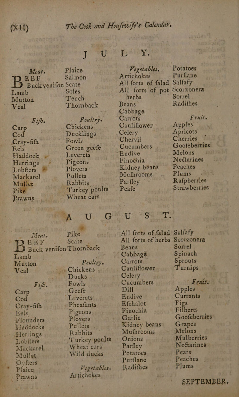 yo FE ey: Meat. Plaice Vegetables, Potatoes EEF Salmon Artichokes Purflane Buck venifon Scate All forts of falad Salfafy Lamb Soles All forts of pot Scorzonera _ Mutton Tench herbs - Sorrel Veal Thornback Beans Radifhes Cabbage . Fipp. Poultry. Carrots Fruit. Carp Chickens Cauliflower Apples © Cod Ducklings Celery Apricots Cray-fifh  Fowls Chervil Cherries Eels Green geefe Cucumbers Goofeberries Haddock + Leverets -Endive Melons Herrings - Pigeons Finochia Nectarines Lobfters * Plovers Kidney beans Peaches Mackarel Pullets Mufhrooms Plums Mallet Rabbits. Parfley Rafpberries Pi Turkey poults — Peafe Strawberries Prawns), ’ Wheat ears Pa Ue! OU Se : : - : Meat. Pike All forts of falad Salfafy STYEREF. . . Scate, | All forts of herbs Scorzonera Buck venifon Thornback — Beans - Sorrel Lamb ; Cabbage Spinach Mutton Poultry. Carrots Sprouts Veal Chickens , _ Cauliflower Turnips. Ducks Celery Fifh. Fowls Cucumbers | Fruit. Carp Geefe Dill Apples Cod Leverets Endive Currants Cray-fith Pheafants Efchalot Figs Eels Pigeons Finochia Filberts Flounders Plovers Garlic Goofeberries Haddocks Pullets. . Kidney beans Grapes » Herrings Rabbits Mufhrooms Melons Lobfters | Turkey poults Onions Mulberries Mackarel Wheat ears Parfley Neétarines } Mullet Wild ducks Potatoes Pears Ae Oy fters “ Purflane Peaches Bm §6Plaice Vegetables, Radifhes Plums 4 R Prawns Artichokes