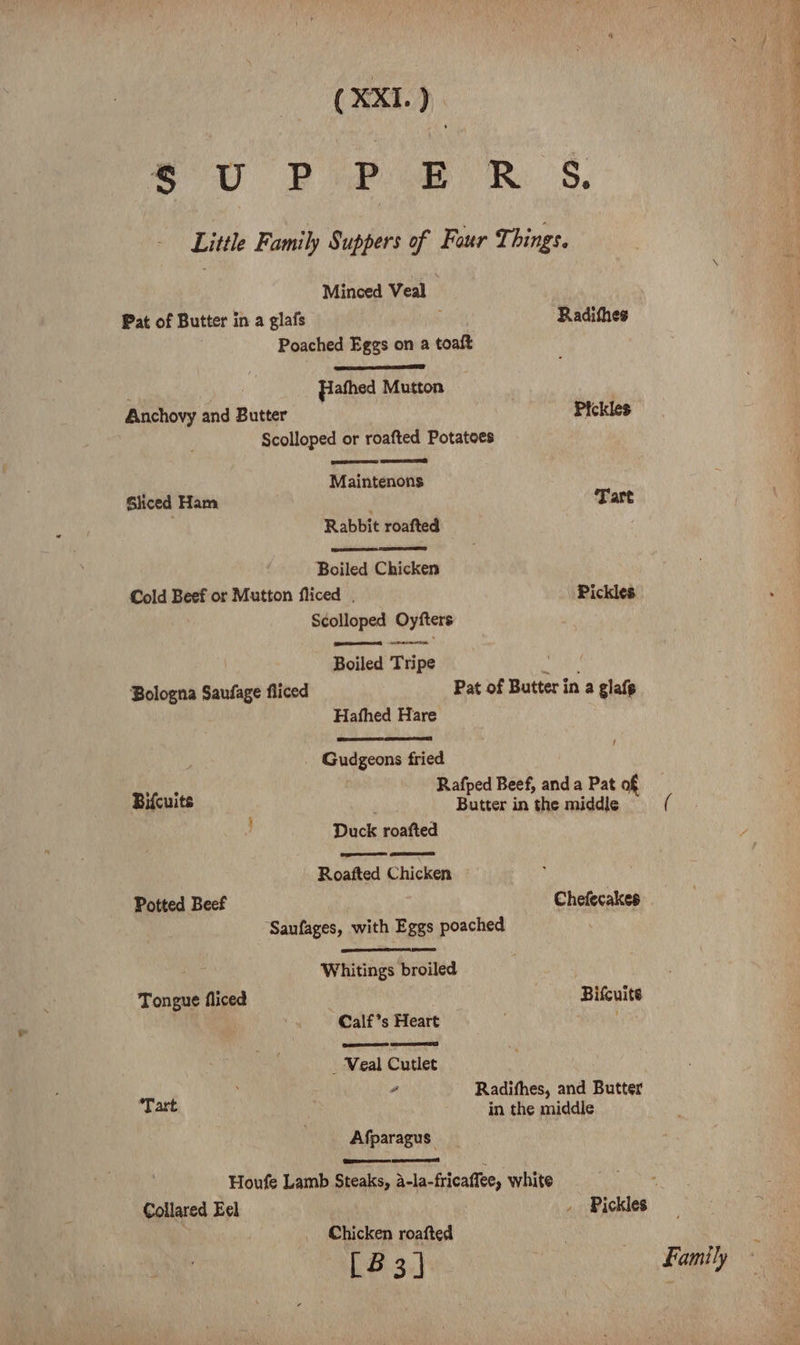 SU Pak ue RS. Little Family Suppers of Faur Things. Minced Veal Pat of Butter in a glafs Radithes Poached Eggs on a toaft | Piathed Mutton Anchovy and Butter Pickles Scolloped or roafted Potatoes Maintenons Sliced Ham Tart ’ Rabbit roafted AES CLES Boiled Chicken Cold Beef or Mutton fliced . Pickles ) Scolloped Oyfters [amen tiie Boiled Tripe Wat Th Bologna Saufage fliced Pat of Butter in a glaf¢ Hafhed Hare f _ Gudgeons fried ie Rafped Beef, anda Pat 9 Bifcuits Beiteon in tic middle . Duck roafted Roafted Chicken Potted Beef Chefecakes Saufages, with Eggs poached Whitings broiled Tongue fliced . Bifcuits Calf’s Heart _ Weal Cutlet ! “ Radifhes, and Butter Tas in the middle Afparagus Houfe Lamb Steaks, h-la-fricaffee, white “ Collared Eel . Pickles Chicken roafted [83] Family