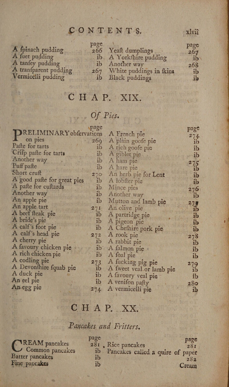 COME NAS, xlvit , Passe: diy “MAND eae A fpinach pudding 266 Yeaft dumplings _ 267 A fuet pudding _ib, A Yorkthire pudding ib ‘A tanfey pudding ib Another way 268 A tran{parent pudding 267 White puddings in fkins ib Vermicelli pudding ib Black puddings ib ConA: Pao MEX: ; «page a RELIMINARY obfervations _ A French pie - oe on pies 269 A plain goofe pie ib Pafte for tarts ib A rich goofe pie ib Crifp patte for tarts ib A giblet pie. . ib Another way ib A ham pie 27 _ Puff pafte ym ! ib A hare ple. i Short cruft 270 An herb. pie for Lent ib A good pafte for great pies ib A lobfter pie ib A pafte for cuftards ib Mince pies 276 Another way ib Another way ib An apple pie ib Mutton and lamb pie 279 An apple. tart 271 An olive pie heh A\ beef fteak pie ib A partridge pie Mae Ser A bride’s pie , ib A pigeon pie ib A calf’s foot pie | ib A Chefhire pork pie Ke A. calf’s head pie ‘272 A rook pie. | 278 A cherry pie nt ib A rabbit pie ib A favoury chicken pie » ib’ A falmon pie» ib A. rich chicken pie _ 1b A foal pie ib- A codling pie 273. A fucking pig pie 279 A Devonthire {quab pie ib 4 {weet veal.or lamb pie ib A duck pie é ib A favoury veal pie ib An eel pie . ib A venifon pafty 280 An-ege pie 244 A-vermicelli pie ib CHA P...XX. Pancakes and Fritters, ; age age Pepe pancakes a . Rice pancakes 4 I Common pancakes ib. Pancakes called a quire of paper - Batter pancakes ib Wahi katy 282 Fine pancakes ib Cream