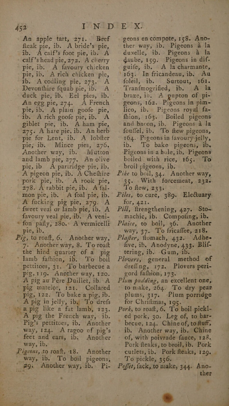 45a An apple tart, 271. Beef fteak pie, ib. A bride’s pie, ib. “A calf’s foot pie, ib. A calf’shead pie,272. A cherry pie, ib. A favoury chicken pie, ib, A rich chicken pie, ib. -A-codling pie, 273. A Devonthire fquab pie, ib. A duck pie, ib. « Eel pies, ib. pie, ib. A plain: goofe pie, ‘ib. A rich goofe pie, ib. A giblet pie, ib. A ham pie, ‘275. A hare pie, ib. An herb pie for Lent, ib. A lobfter pie; ib. Mince pies, 276, Another way, ib. Mutton and lamb pie, 277. An olive pie, ib A pariridge pie, ib. A pigeon pie, ib. A Chethire pork pie, ib.’ A rook pie, 278. A rabbit pie, ib. A {fal- mon pie, ib. A foal pie, ib. A fucking pig pie, 279. A ~ {weet veal or lamb pie, 1b. A favoury veal pie, ib. A veni- * fon patiy, 280.« A vermicelli pie, ib. Pig, to roaft, 6. Another way, vi Another way, 8. ‘To roait the hind quarter of a pig ‘lamb fafhion, ib. To boil pettitoes, 31. “To barbecue a | pig, 119. Another way, 120. A pig aw Pére Duillet, ib. A pig matelor, 121. Gullazed Pigs, Cees A pig in jelly, iby) To drefs a pig like a fat lamb, 123. “A pig the French way, ib. ’ Pig’s pettitoes, ib. Another way, 124. A ragoo of pig’s feet and ears, ib. Another way, ib. Pigeons, to roatk,. 18. Another _way, ib. To boil pigeons, a Another way,.ib. Pi- ’ ~ _ geons en compote, 158. Ano- ther way, ib. Pigeons a la duxelle, ib. Pigeons a la gaube, 159. Pigeons in dif- guife, ib. A la charmante, 163. In fricandeau, ib. Au foleil, ib. Surtout, 161. A la upton of pi- lico, ib. Pigeons royal fa- fhion, 163. Boiled pigeons and bacon, ib. Pigeons a la fouffel, ib. To few pigeons, 164. Pigeons in favoury jelly, ib. ‘To bake pigeons, ib. Pigeons in a hole, ib. Pigeons boiled with rice, 165. ° To broil pigeons, ib. é Pike to boil, 34. Another way, ' 35. With forcemeat, 232.6 To flew, 233. Piles, to cure, 389. Elecuary: for, 421. Pill, ftrengthening, 427. Sto~ _machic, ib. Compofing, ib. Plaice, to boil, 36. Another way, 37. To fricaffee, 218. Plafter, ftomach, 432. Adhe- five, ib. Anodyne, 433. Blif- tering, ib. -Gum, ib. Plovers, general method of drefing, 172. Plovers Se gord fafhion, 173. Phin pudding, an excellent one, ' tomake, 264. To dry pear plums, 317. Plum porridge for Chriftmas, 195. Pork, to roatt, 6. To boil pickl- ed pork, 30. Leg of, to bar- * becue, 124. Chine of, to ftuff, ib. Another way, ib, Chine of, with poivrade fauce, 128. Pork fteaks, to broil, ib. Pork - cutlets, ib. Pork fteaks, 129. | To pickle, 356. Poffet, fack, to es) 344, Ano- ther ’ . - braze, 15. A = &gt;