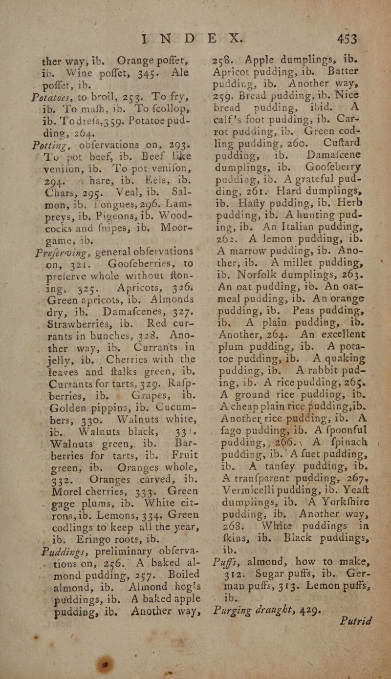 -- ther way, ib. Orange poffet, ib. Wine poffet, 345. Ale poffet, ib. | Potatoes, to broil, 253. To fry, ib. ‘To mafh, ib. ‘To fcollop, ib. Todre{s,359. Potatoe pud- ding, 264. Potting, obfervations on, 293. To pot beef, ib.. Beef like veniion, ib. To pot veniion, 294 hare, ib. Eels, ib. Chars, 295. Veal, ib. Sal- mon, ib. i ongues, 296. Lam- preys, ib. Pigeons, ib, Wood- - cocks and {nipes, ib, Moor- game, 1b, Prejerving, general obfervations on, 321. Goofeberries, to preierve whole without fton- ing, 4325. Apricots, 326, Green apricots, ib, Almonds dry, ib. _Damafcenes, 327. Strawberries, ib. Red cur- --rants in bunches, 323. Ano- ther way, ib. Currants in jelly, ib, Cherries with the leaves and ftalks green, ib. Currants for tarts, 3z9.. Rafp- berries, ib. » Grapes, 1b. Golden pippins, ib, Cucum- bers, 330. Walnuts white, ib.. Walriuts black, 331. Walnuts green,, ib. Bar- berries for tarts, ib, Fruit green, 1b. Oranges whole, 332. Oranges carved, ib. » Morel cherries, 333. Green gage plums, ib. White cit- rons,ib, Lemons, 334. Green codlings to keep all the year, /, ib. Eringo roots, ib. Puddings, preliminary obferva- -.tions on, 256,’ A baked al- mond pudding, 257. Boiled almond, ib. Almond hog’s _ puddings, ib. A baked apple - pudding, ib, Another way, f e ; - / ate 453 Apricot pudding, ib. Batter pudding, ib. Another way, 259, Bread pudding, ib. Nice. bread pudding, ibid» A calf’s foot pudding, ib. Car- ling pudding, 260. Cuftard. pudding, ib. Damaicene dumplings, ib. Goofeberry padding, ib. A grateful pud- ding, 261. Hard dumplings, ib, Hatty pudding, ib. Herb pudding, ib. A hunting pud- ing, ib. An Italian pudding, 262. A lemon pudding, ib. A marrow pudding, ib. Ano- ther, ib. A millet pudding, ib. Norfolk dumplings, 263. An oat pudding, 1b. An oat- meal pudding, ib. An orange pudding, ib. ib. A plain pudding, ib. Another, 264. An excellent plum pudding, ib. A pota- toe pudding, ib. _ A quaking pudding, ib. ing, ibe A rice pudding, 265. A cheap plain rice pudding, ib. Another rice pudding, 1b. A fago pudding, ib. A fpoonful pudding, ,266.\ A fpinach pudding, ib. A fuet pudding, ib. A tanfey pudding, ib. A tranfparent pudding, 267. Vermicelli pudding, ib. Yeatt pudding, ib, Another way, 268. White puddings in ib. ;