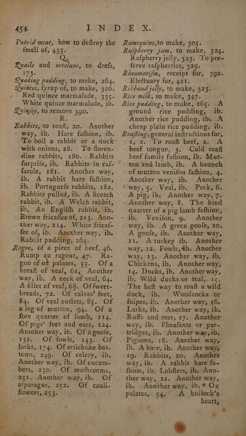 Putrid meat, how to deftroy the ‘ imell of, 433. Quails and ortolans, to drefs, 173. Quaking pudding, to make, 264. Quinces, fyrup of, to make, 326, » Red-quince marmalade, 335. White quince marmalade, ib. Quinfey, to remove 390. R Rabbits, to roatt, 20. Another way, ib. Hare fafhion, ib. To boil a rabbit or a duck with onions, 28. ‘To floren- dine rabbits, 180. . Rabbits farole, 181. Another way, ib, A rabbit hare fafhion, ib. Portuguefe rabbits, 182. Rabbits pulled, ib. A Scotch rabbit, ib.. A Welch rabbit, ib. An Englifh rabbit, ib. Brown fricaflee of, 213. Ano- ther way, 214, White fricaf- fee of, ib. ae! way, ib. Rabbit pudding, 264. Ragoo, of a piece of beef, 46, Rump au ragout, 47. Ra- goo of of palates, 5c. breaft of veal, 61, Another way, ib, A neck of veal, 64. A fillet of veal, 68. Of fweet- breads, 72. Of calves’ feet, 84. Of veal cutlets, 85. Of . aleg of mutton, 94. Of a fore quarter of lamb, 114. Of pigs’ feet and ears, 124. Another way, ib. Of a goofe, 131. Of. fowls, 143. Of larks, 174. Of artichoke bot- toms, 249. Of celery, ib. Another way, ib. Of cucum- bers, 250. Of muthrooms, 251. Another way, ib. afparagus, 252. Of cauli- flowers, 253. Ramequins,to make, 305. Rafpberry jam, to make, 324. Rafpberry jelly, 323. ‘To pre- ferve raf{pberries, 329. Rheumatijfm, receipt for, 392. Electuary for, 421. Ribband jelly, to make, 323. Rice milk, to make, 347. Rice pudding, to make, 265. A ground rice pudding, 1b. Another rice pudding, 1b. A cheap plain rice pudding, ib. Roafting, general inftructions for, 1, 2. To roaft beef, 2. A beef tongue, 3. Cold roaft beef family fafhion, ib. Mut- ton and lamb, ib. A haunch of mutton venifon fafhion, 4. Another way, ib. Another ‘way, 5. Veal, ib. Pork, 6. A pig, ib. Another way, 7. Another way, 8. The hind quarter of a pig lamb fafhion, ib.. Venifon, g. Another way, ib. A green goofe, ro. A goofe, ib. Another way, 11. Aturkey ib. Another way, 12. Fowls,4b. Another way, 13. Another way, 1b. Chickens, ib, Another way, 14. Ducks, ib. Another way, ib. Wild. ducks or teal,. 1s. The beft way to roaft a wild duck, ib. | Woodcocks or {nipes, ib. Another way, 16. Larks, ib. Another way, ib. Ruffs and rees, 17.. Another way, ib. Pheafants or par- tridges, io. “Another way,ib. Pigeons, 18. Another way, ib. Ahare, ib. Another way, 19. Rabbits, 20. Another way, ib. A rabbit hare fa~ fhion, ib. Lobfters, ib. Ano- ther way, 21. Another way, ib. palates, 54, ~ \ A bullock’s heart, ° ? ' 4 * a