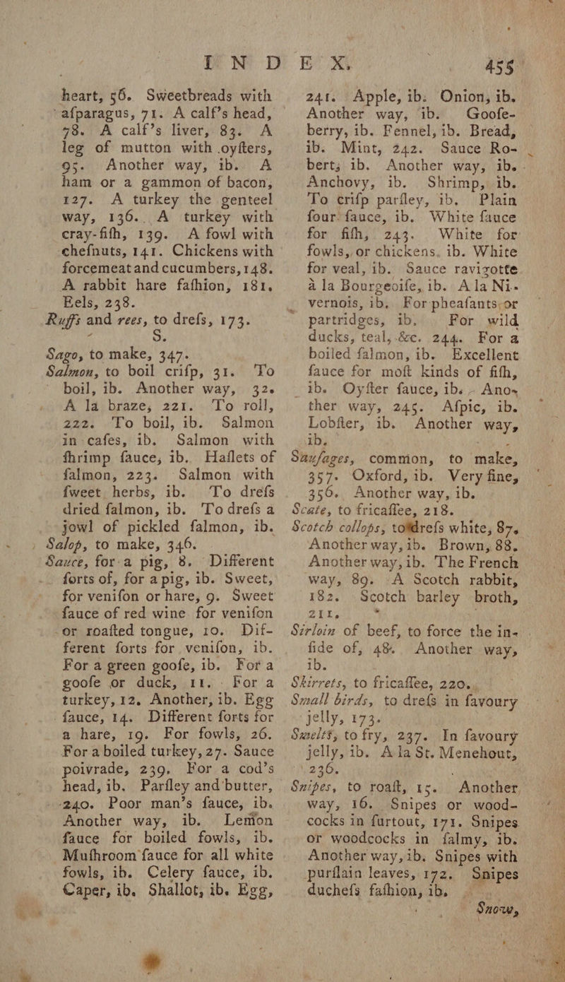 -afparagus, 71. A calf’s head, 78. A calf’s liver, 83. A leg of mutton with .oyfters, 95. Another way, ib, A ham or a gammon of bacon, 127. A turkey the genteel way, 136.. A turkey with cray-fifh, 139. A fowl with chefnuts, 141. Chickens with forcemeat and cucumbers,148. A rabbit hare fafhion, 181. Eels, 238. Ruffs and rees, y drefs, 173. Sago, to make, 347. Salmon, to boil crifp, 31. To ' boil, ib. Another way, 32. A la: braze, 221. To roll, 2z2z. To boil, ib. Salmon in cafes, ib. Salmon with fhrimp fauce,; ib. Haflets of falmon, 223. Salmon with {weet herbs, ib. To drefs dried falmon, ib. Todrefs a jowl of pickled falmon, ib. , Salop, to make, 346. Sauce, for.a pig, 8. Different .. forts of, for a pig, ib. Sweet, for venifon or hare, 9. Sweet fauce of red wine for venifon -or roafted tongue, 10. Dif- ferent forts for venifon, ib. For a green goofe, ib. Fora goofe or duck, 11. For a turkey, 12. Another, ib. Egg fauce, 14. Different forts for a hare, 19. For fowls, 26. For a boiled turkey, 27. Sauce poivrade, 239, For a cod’s head, ib. Parfley and'butter, _-240. Poor man’s fauce, ib. Another way, ib. Lenion fauce for boiled fowls, ib. -Muthroom fauce for all white fowls, ib. Celery fauce, ib. Caper, ib. Shallot, ib. Egg, + 455 Another way, ib. Goofe- berry, ib. Fennel, ib. Bread, ib. Mint, 242. Sauce Ro- bert; ib. Another way, ib. - Anchovy, ib. Shrimp, 1b. To crifp parfley, ib. Plain four. fauce, ib. White fauce for filh,' 243. . White for fowls, or chickens. ib. White for veal, ib. Sauce ravizotte ala Bourgeoife, ib. Ala Ni- vernois, ib, For pheafants,or partridges, ib, For wild ducks, teal,.&amp;c. 244. Fora boiled falmon, ib. Excellent fauce for moft kinds of fifh, ib. Ovyfter fauce, ib. - Ano ther way, 245. Afpic, ib. Lobfter, ib. Another way, ib. nr aie Saufages, common, to make, 357. Oxford, ib. Very fine, 356. Another way, ib. Scate, to fricaffee, 218. Scotch collops, to¥drefs white, 87. Another way,ib. Brown, 88. Another way, ib. The French way, 89. -A Scotch rabbit, 182. Scotch barley broth, 211. : , Sirloin of beef, to force the in- . fide of, 48% Another way, ib. | ! Skirrets, to fricaflee, 220.,, Small birds, to drefs in favoury jelly, 173. Smelts, to fry, 237. In favoury jelly, ib. Ala St. Menehout, 236. , Snipes, to roaft, 1s. Another, way, 16. Snipes or wood- cocks in furtout, 171. Snipes. or woodcocks in falmy, 1b. Another way,ib. Snipes with purilain leaves, 172, Snipes duchefs fafhion, ib. fou 3) i Snow,