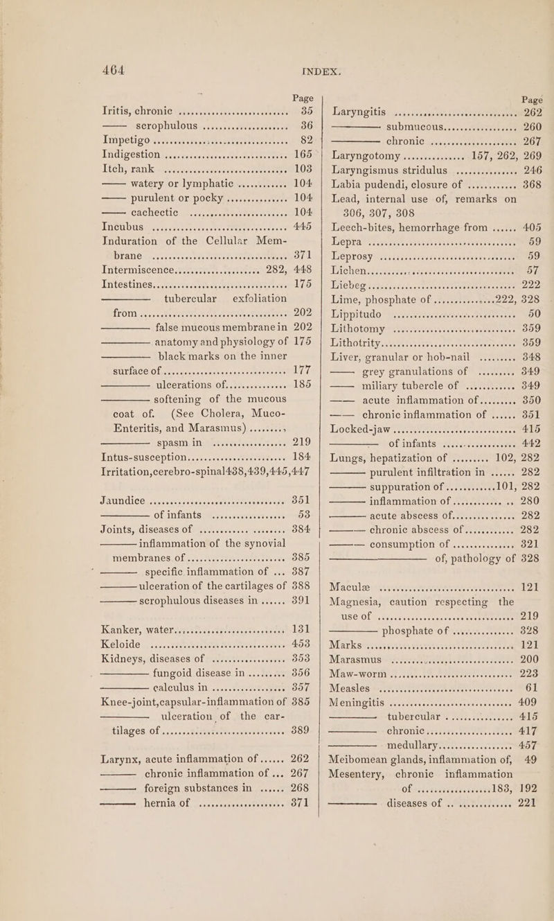 Page Page [ritis;-ehrOnierstis csiansdecseea tyes tate So? |) Daryngitistous,&lt;s Jape aeee Sra rei 262 SCTOPhWOUS»..5s.staceespecese 36 SUDIMUCOUS as: sent peaeer tent 260 Impetigo v5 &lt;eseen sie v0 on bNa tide mere this a 82 CHYONICSicwsenionmnst op Meee 267 TNdIPEStON taccsdsrecadeey.v tubes ees es 165* | © Daryngotomys..cctestencere 157, 262, 269 TUG BAM: pitericrateineweise sinteeteee «dslesaorne 103 | Laryngismus stridulus .........0.000 246 watery or lymphatic ........000 104 | Labia pudendi, closure of ............ 368 purulentor:pockyiiverssss02.0 72 104 | Lead, internal use of, remarks on CACHECLIC.Jy..s casseteer Meee ceed es 104 306, 307, 308 TNCUDUS tececacsveessancetes Steer ese ccses 445 | Leech-bites, hemorrhage from ...... 405 Induration of the Cellular Mem- Hepral iissistces tan ics iahaeacsesaylanes te 59 BEANS Ceres sc. odes te eee ae eer eae 371. |} Leprosy iiissicaissassccsaeaasere saeco 59 Intérmiscence.feiateca.. sees does 282, 448 | Lichen........0¢. PRPPPEPT TEESE TYE rs: 57 Intéstines.ncccseecetegecteeet ee eet 17D~ |p Wiekee sstnesaiid. Meee eaen teen 222 tubercular exfoliation Lime, phosphate of ..........+0+8 P7328 1063) 6s BEER erat rin hah Wn AAPA Sh gees 202 Lippitudo Sd a agi ak eoeeinee 50 false mucous membranein 202 | Lithotomy .........sccsseseeetoecssesees 359 anatomy and physiology of 175 | Lithotrity........ccsccsccsscsccsccnecseees 359 black marks on the inner Liver, granular or hob-nail ....,.... 348 SUPIACCO lpatecmc ees coca pcoce conetlee ee Uwe grey granulations of ......... 349 ulcerations (Of, .P..se0rs 0+. 185 | —— miliary tubercle of ............ 349 softening of the mucous —— acute inflammation of........ . 850 coat of. (See Cholera, Muco- —— chronic inflammation of ...... 351 Enteritis, and Marasmus) ........ : Liocked-jawre rete cere cen ent erences 415 SPAS: Meee es reek secre uts 219 of\infants:oiscccerssenacome 442 IMtUS=eUSCEPEON 72.5. cnssesntteceees a 184 | Lungs, hepatization of ......... 102, 282 Irritation,cerebro-spinal438,439,445 ,447 purulent infiltration in ...... 282 SUppltation Of vase eee 101, 282 JRUNGICO Teves Seoscceos Mera tees seseese SOL | ——— inflammation Of .........00 .. 280 Of Nfants Ry se.serseeeteves 53 acute ‘abscess’ Of. 30: itss cs. se0 282 Joints, Ciseases Of MLe isis ccnsosses eres 3884 | ———— chronic abscess of..........6. 282 inflammation of the synovial ——-— consumption of ........ccaees 321 WIE DRANESLOL. 2: sean can hose th ome 385 of, pathology of 328 specific inflammation of ... 387 ulceration of the cartilages of 388 Maculee:+scnseneceet haere 121 scrophulous diseases in ...... 391 | Magnesia, caution respecting the USE OL Fo ieiddccatecs das conor ne ctoveneas 219 Kanker, wateriss..cscscserescecssevevess 131 phosphate-ote cts. co-seeet 328 G7 (0) (6 Cee anne Bar dessin are Het sc exc 453 Mearksnctnesenvesisasaisbesteeeeleeeena eat 1A Kidneys, diseases of .....:.. ea tes@eren 3853 | Marasmus .....00, ARE, PE i 200 fungoid disease in ......... 356 || Maw-wortl tii, taeeseence sees deme 223 CALCU, IN saw son sktseueiees BOW, | Measles-Astis, Sceeteerises taeesccectes fe 61 Knee-joint,capsular-inflammation of 385 | Meningitis ......scscscscsseessecseeeoees 409 ulceration of the car- tubercular: Wis. st. dccneee 415 tilages Of6....sccaeceauer ess munnenstess 389 CHTONIG 1752377.8.0 cont ees 417 CACUULATYe sto ccteesec teers 457 Larynx, acute inflammation of...... 262 | Meibomean glands, inflammation of, 49 chronic inflammation of... 267 | Mesentery, chronic inflammation foreign substances in ...... 268 Ob-Antstananedeeseete 183, 192 Hernia Of .-coscsesonancteeem AOL diseases Of .. w.stecssees .. 221