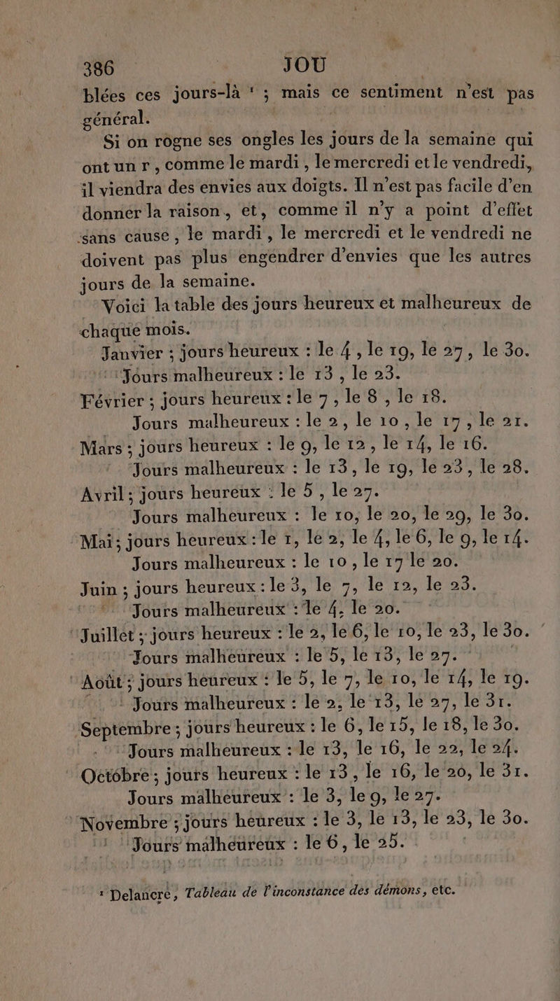 blées ces jours-là ‘ ; mais ce sentiment n’est pas général. de ERÈTeS Si on rogne ses ongles les jours de la semaine qui ontun r,comme le QE , le mercredi et le vendredi, ;l viendra des envies aux doigts. Il n’est pas facile d’en donnér la raison, et, comme il n’y a point d’effet ans cause, le mardi, le mercredi et le vendredi ne doivent pas plus engendrer d’envies que les autres jours de la semaine. Voici la table des jours heureux et malheureux de chaque mois. Janvier ; jours heureux : le 4 , le 19, le 27, le 30. “Fours malheureux : le 13, le 23. Février ; jours heureux: le 7, le 8 , le 18. Jours malheureux : le 2, le 10 , le 17, le 21. Mars ; jours heureux : le 9, 1e 12, le A7 le 16. Hours malheureux : le 13, le r9, le 23, le 28. Avril ; jours heureux : le 5 , le 27. mabee malheureux : te ro, le 20, le 20, le 30. Mai; jours heureux : le r, le 2, le 4, le 6, le 9, le r4. Jours malheureux : le 10, le 19 le 20. Juin ; jours heureux: le 3, le 7, le 12, le 23. Jours malheureux :'le 4, le 20. ‘Juillet ; jours heureux : le 2, le6, le 10, le 23, le 30. Jours malheureux : le 5, le 13, le 27. | Août ; jours heureux : le 5, le 7, le ro, le  le 19. L'oubs malheureux : le 2, le 13, le 27, le 3r. Septembre ; : jours heureux : le 6, le Es le 18, le 30. Jours malheureux : le 13, le 16, 110 22, le 24. Octobre ; jours heureux : le ia le 16, le 20, le 31. pus malheureux : le 3, Le 9, le 27. ‘Novembre ; jours heureux : Le 3, le 13, le 23, le 30. POUTS Inaihetreme : le 6, le 35. 1 Delancre, Tableau de l’inconstance as démons, etc.