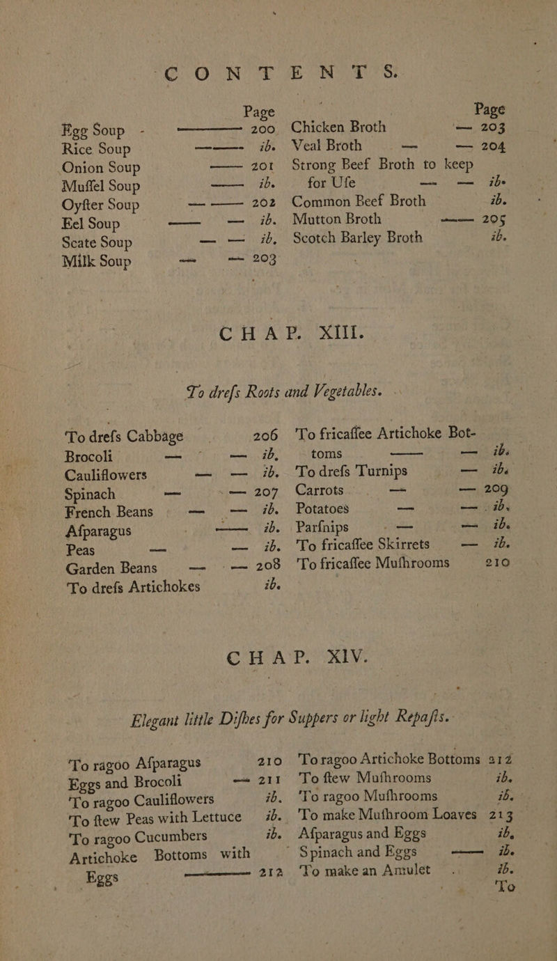 ee OLN ! Page Fee Soup ——— 200 Rice Soup ——-- ib Onion Soup 201 Muffel Soup —— ib Oyfter Soup — 202 Eel Soup — — id. Scate Soup — — ib Milk Soup — EN T S. Page _ Chicken Broth ‘— 203 Veal Broth — — 204 Strong Beef Broth to keep To drefs Cabbage for Ufe —~ am the Common Beef Broth ib. Mutton Broth —— 205 Scotch Barley Broth ib. To fricaffee Artichoke Bot- toms — ib. To drefs Turnip — ik Carrots. |. — — 209 Potatoes — — 1d. Parfnips — — ib To fricaffee Skirrets a. $b, To fricaffee Mufhrooms 210 206 Brocoli ark a Cauliflowers ERT hy, Oe 7 1 Spinach — — 207 French Beans — — ib Afparagus —— ib. Peas pais net Bee Garden Beans — — 208 To drefs Artichokes ib. To ragoo Afparagus 210 Eggs and Brocoli — 21! ‘To ragoo Cauliflowers ib. 'To ftew Peas with Lettuce ib. To ragoo Cucumbers ib. Artichoke Bottoms with Eggs ——_——_ 212 To ragoo Artichoke Bottoms 212 To ftew Mufhrooms ib. ‘To ragoo Mufhrooms ib. To make Muthroom Loaves 21 me Afparagus and Eggs ib, ' Spinach and Eggs —— ib. To make an Amulet ib.