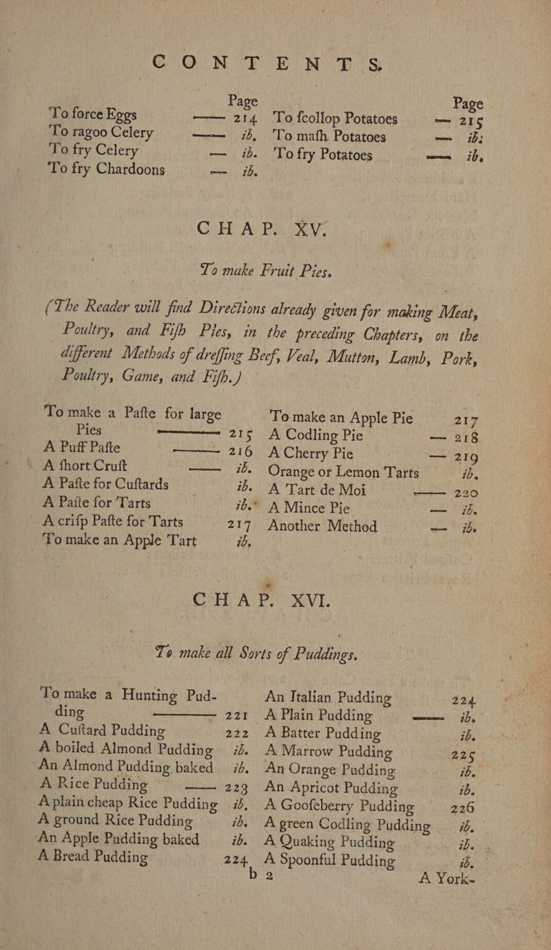 ; Page Page To force Eggs 214 ‘To fcollop Potatoes — 215 To ragoo Celery —— ib, 'Tomath Potatoes — ib; To fry Celery -—- ib. 'To fry Potatoes — ib, To fry Chardoons — ib. Cabl\ Ay Paki, Poultry, Game, and fib.) To make a Pafte for large Pies meta 21 A Puff Pafte ————- 216 A fhort Cruft ———- 7, A Pafte for Cuftards ib. A Paite for Tarts 108 A crifp Pafte for Tarts 217 _Tomake an Apple Tart ib, Mutton, Lamb, Pork, 217 To make a Hunting Pud- ding 221 A Cuttard Pudding 222 A boiled Almond Pudding 72. An Almond Pudding baked i. A Rice Pudding © 229 A plain cheap Rice Pudding id, A ground Rice Pudding ib. An Apple Pudding baked ib. A Bread Pudding 224 nee To make an Apple Pie A Codling Pie — 218 A Cherry Pie — 219 Orange or Lemon Tarts ib, A Tart de Moi 220 A Mince Pie. — i, Another Methed = ih An Italian Pudding 224. _A Plain Pudding ——- ib, A Batter Pudding Pav A Marrow Pudding 225 An Orange Padding | ib. An Apricot Pudding ib. A Goofeberry Pudding 226 A green Codling Pudding 8, A Quaking Pudding id, A Spoonful Pudding Oe 2 A York-