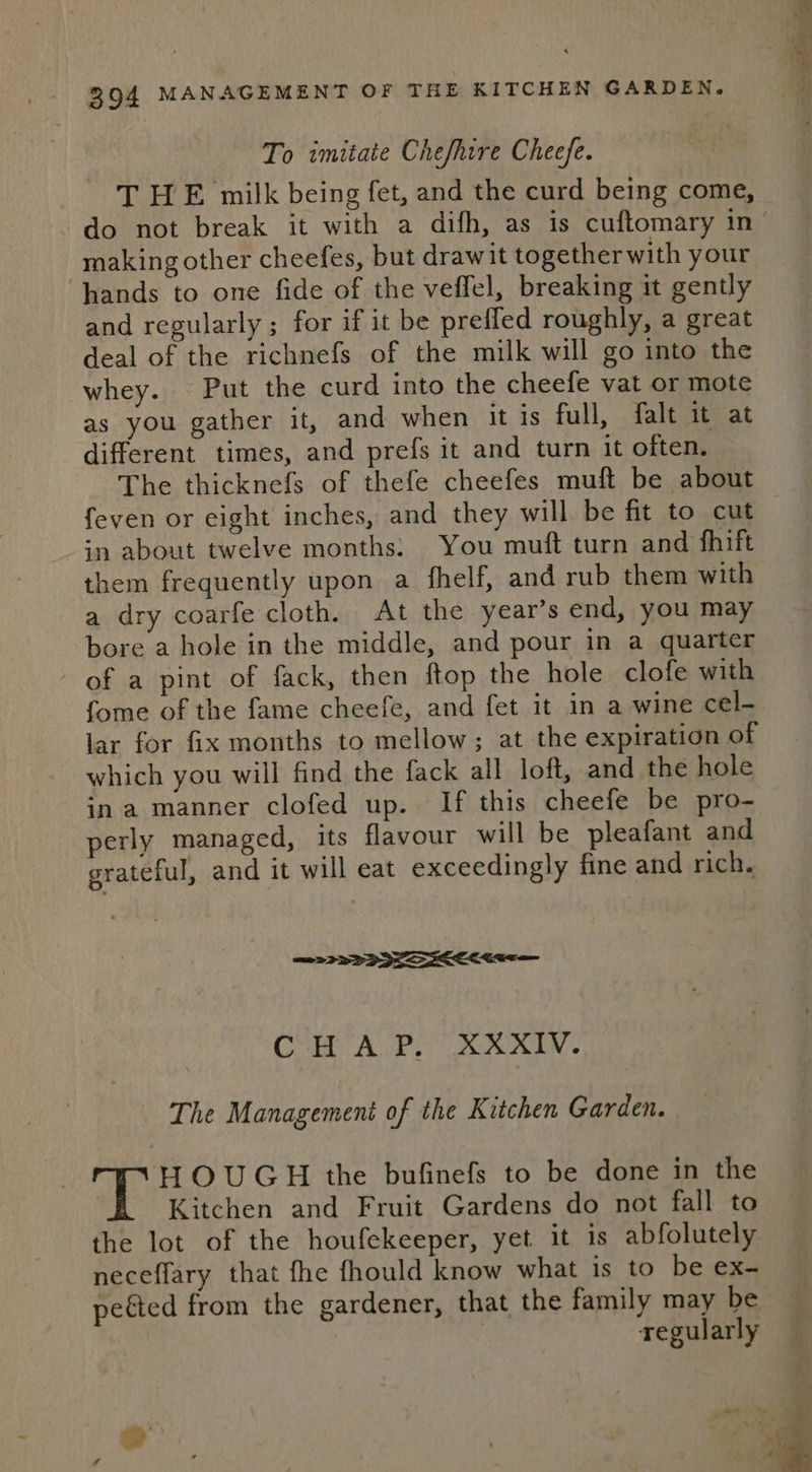 To imitate Chefhire Cheefe. T HE milk being fet, and the curd being come, do not break it with a difh, as is cuftomary in / making other cheefes, but drawit together with your ‘hands to one fide of the veffel, breaking it gently and regularly ; for if it be prefled roughly, a great deal of the richnefs of the milk will go into the whey. Put the curd into the cheefe vat or mote as you gather it, and when it is full, falt it at different times, and prefs it and turn it often. — The thicknefs of thefe cheefes muft be about feven or eight inches, and they will be fit to cut in about twelve months: You muft turn and fhift them frequently upon a fhelf, and rub them with a dry coarfe cloth. At the year’s end, you may bore a hole in the middle, and pour in a quarter - of a pint of fack, then ftop the hole clofe with fome of the fame cheefe, and fet it in a wine cel- lar for fix months to mellow; at the expiration of which you will find the fack all loft, and the hole in a manner clofed up. If this cheefe be pro- perly managed, its flavour will be pleafant and grateful, and it will eat exceedingly fine and rich. &gt;&gt; aa TK e tee , CORA FS SARI The Management of the Kitchen Garden. HOUGH the bufinefs to be done in the Kitchen and Fruit Gardens do not fall to the lot of the houfekeeper, yet it is abfolutely neceflary that fhe fhould know what is to be ex- petted from the gardener, that the family may be. regularly