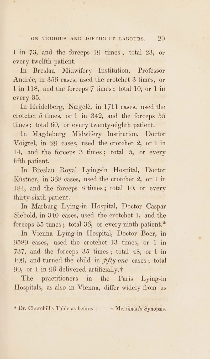 1 in 73, and the forceps 19 times; total 23, or every twelfth patient. In Breslau Midwifery Institution, Professor Andrée, in 356 cases, used the crotchet 3 times, or 1 in 118, and the forceps 7 times; total 10, or 1 in every 30. In Heidelberg, Negelé, in 1711 cases, used the crotchet 5 times, or 1 in 342, and the forceps 55 times; total 60, or every twenty-eighth patient. In Magdeburg Midwifery Institution, Doctor Voigtel, in 29 cases, used the crotchet 2, or 1 in 14, and the forceps 3 times; total 5, or every fifth patient. In Breslau Royal Lying-in Hospital, Doctor Kistner, in 368 cases, used the crotchet 2, or 1 in 184, and the forceps 8 times; total 10, or every thirty-sixth patient. In Marburg Lying-in Hospital, Doctor Caspar Siebold, in 340 cases, used the crotchet 1, and the forceps 35 times; total 36, or every ninth patient.* In Vienna Lying-in Hospital, Doctor Boer, in 9589 cases, used the crotchet 13 times, or 1 in 737, and the forceps 35 times; total 48, or 1 in 199, and turned the child in fifty-one cases; total 99, or 1 in 96 delivered artificially. The practitioners im the Paris Lying-in Hospitals, as also in Vienna, differ widely from us * Dr. Churchill’s Table as before. . + Merriman’s Synopsis.