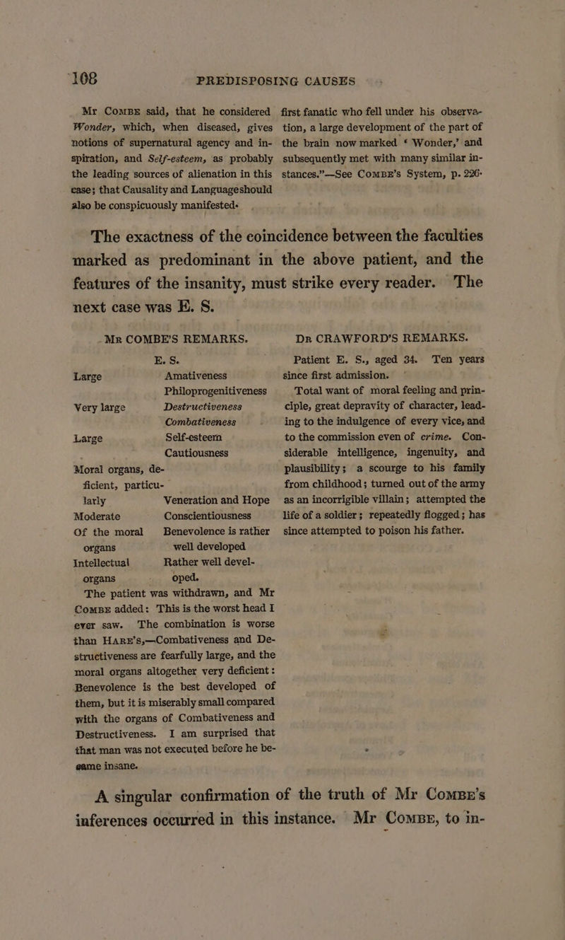 ‘108 Wonder, which, when diseased, gives notions of supernatural agency and in- spiration, and Self-esteem, as probably the leading sources of alienation in this case; that Causality and Languageshould also be conspicuously manifested: first fanatic who fell under his observa- tion, a large development of the part of the brain now marked * Wonder,’ and subsequently met with many similar in- stances.”—See CoMBE’s System, p. 226: marked as predominant in the above patient, and the next case was KE. S. -Mr COMBE’S REMARKS. E. S. Amativeness Philoprogenitiveness Destructiveness Combativeness Self-esteem / Cautiousness Moral organs, de- ficient, particu- Large Very large Large larly Veneration and Hope Moderate Conscientiousness Of the moral Benevolence is rather organs well developed intellectual Rather well devel- organs oped. The patient was withdrawn, and Mr ComBxE added: This is the worst head I ever saw. The combination is worse than HaAarRzE’s,—Combativeness and De- structiveness are fearfully large, and the moral organs altogether very deficient : Benevolence is the best developed of them, but it is miserably small compared with the organs of Combativeness and Destructiveness. I am surprised that that man was not executed before he be- game insane. Dr CRAWFORD’S REMARKS. Patient E. S., aged 34. since first admission. Total want of moral feeling and prin- ciple, great depravity of character, lead- ing to the indulgence of every vice, and to the commission even of crime. Con- siderable intelligence, ingenuity, and plausibility; a scourge to his family from childhood; turned out of the army as an incorrigible villain; attempted the life of a soldier; repeatedly flogged; has since attempted to poison his father. Ten years