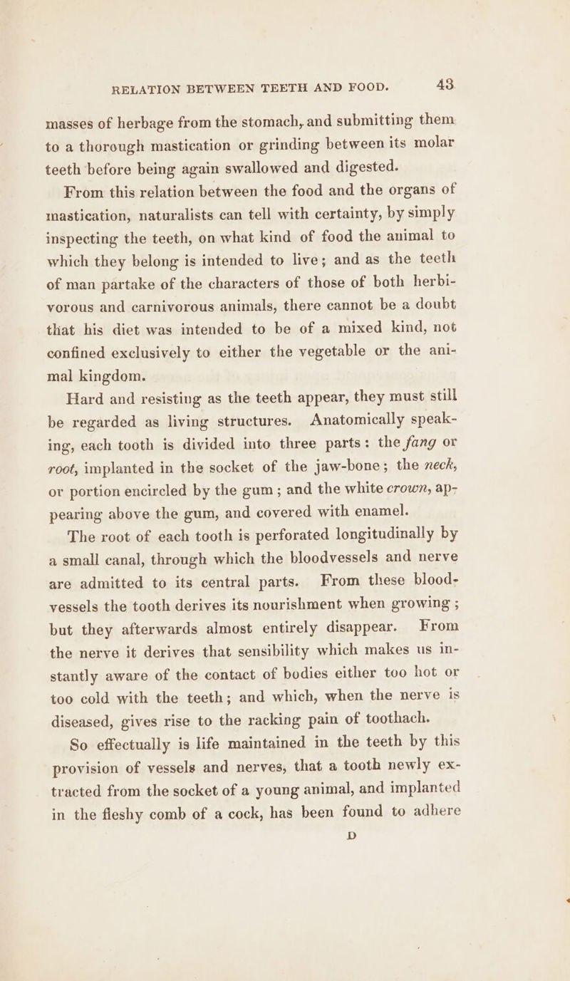 masses of herbage from the stomach, and submitting them to a thorough mastication or grinding between its molar teeth before being again swallowed and digested. From this relation between the food and the organs of mastication, naturalists can tell with certainty, by simply inspecting the teeth, on what kind of food the animal to which they belong is intended to live; and as the teeth of man partake of the characters of those of both herbi- vorous and carnivorous animals, there cannot be a doubt that his diet was intended to be of a mixed kind, not confined exclusively to either the vegetable or the ani- mal kingdom. Hard and resisting as the teeth appear, they must still be regarded as living structures. Anatomically speak- ing, each tooth is divided into three parts: the fang or root, implanted in the socket of the jaw-bone; the neck, or portion encircled by the gum ; and the white crown, ap- pearing above the gum, and covered with enamel. The root of each tooth is perforated longitudinally by a small canal, through which the bloodvessels and nerve are admitted to its central parts. From these blood- vessels the tooth derives its nourishment when growing ; but they afterwards almost entirely disappear. From the nerve it derives that sensibility which makes us in- stantly aware of the contact of bodies either too hot or too cold with the teeth; and which, when the nerve is diseased, gives rise to the racking pain of toothach. So effectually is life maintained in the teeth by this provision of vessels and nerves, that a tooth newly ex- tracted from the socket of a young animal, and implanted in the fleshy comb of a cock, has been found to adhere D