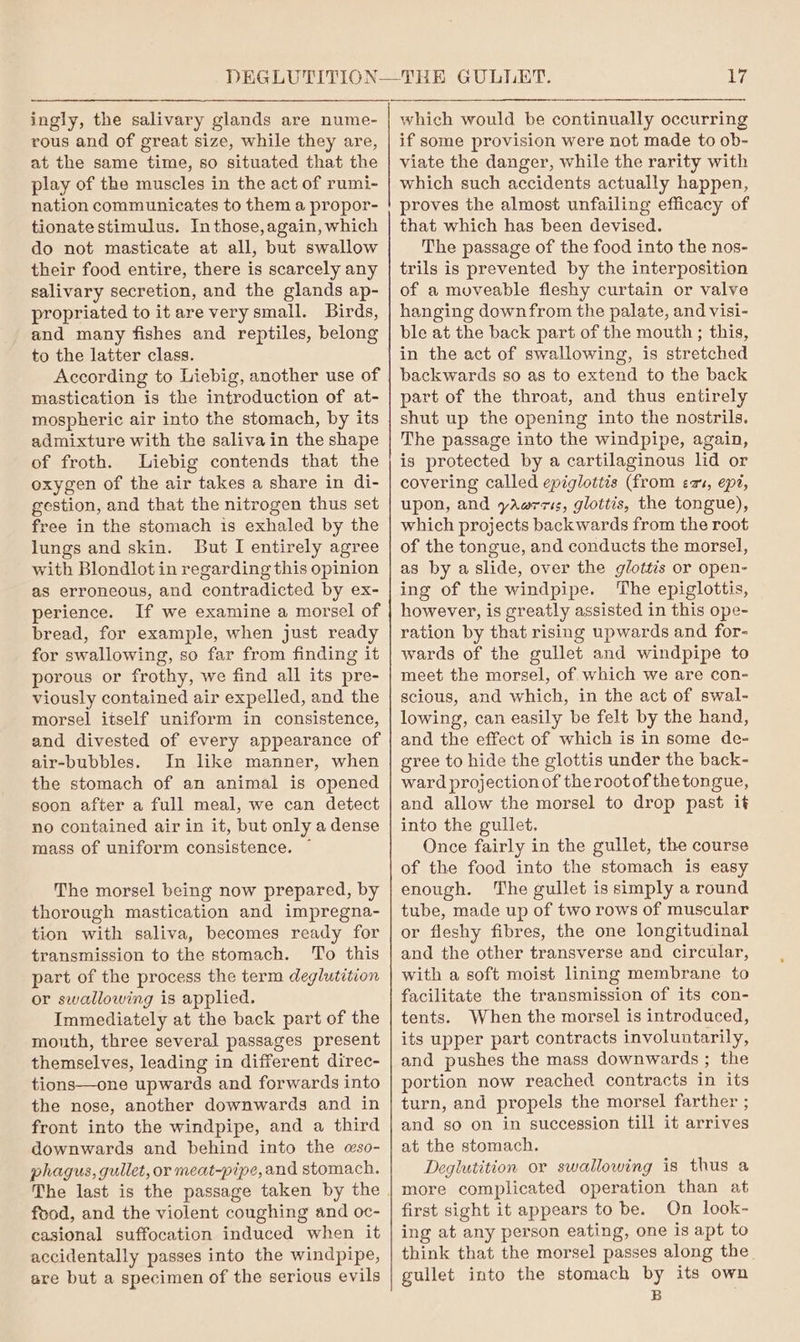 ingly, the salivary glands are nume- rous and of great size, while they are, at the same time, so situated that the play of the muscles in the act of rumi- nation communicates to them a propor- tionate stimulus. In those,again, which do not masticate at all, but swallow their food entire, there is scarcely any salivary secretion, and the glands ap- propriated to it are very small. Birds, and many fishes and reptiles, belong to the latter class. According to Liebig, another use of mastication is the introduction of at- mospheric air into the stomach, by its admixture with the saliva in the shape of froth. Liebig contends that the oxygen of the air takes a share in di- gestion, and that the nitrogen thus set free in the stomach is exhaled by the lungs and skin. But I entirely agree with Blondlot in regarding this opinion as erroneous, and contradicted by ex- perience. If we examine a morsel of bread, for example, when just ready for swallowing, so far from finding it porous or frothy, we find all its pre- viously contained air expelled, and the morsel itself uniform in consistence, and divested of every appearance of air-bubbles. In like manner, when the stomach of an animal is opened soon after a full meal, we can detect no contained air in it, but only a dense mass of uniform consistence. The morsel being now prepared, by thorough mastication and impregna- tion with saliva, becomes ready for transmission to the stomach. To this part of the process the term deglutition or swallowing is applied. Immediately at the back part of the mouth, three several passages present themselves, leading in different direc- tions—one upwards and forwards into the nose, another downwards and in front into the windpipe, and a third downwards and behind into the «so- phagus, gullet, or meat-pipe,and stomach. The last is the passage taken by the food, and the violent coughing and oc- casional suffocation induced when it accidentally passes into the windpipe, are but a specimen of the serious evils which would be continually occurring if some provision were not made to ob- viate the danger, while the rarity with which such accidents actually happen, proves the almost unfailing efficacy of that which has been devised. The passage of the food into the nos- trils is prevented by the interposition of a moveable fleshy curtain or valve hanging downfrom the palate, and visi- ble at the back part of the mouth ; this, in the act of swallowing, is stretched backwards so as to extend to the back part of the throat, and thus entirely shut up the opening into the nostrils. The passage into the windpipe, again, is protected by a cartilaginous lid or covering called epiglottis (from eas, epi, upon, and yawrcis, glottis, the tongue), which projects backwards from the root of the tongue, and conducts the morsel, as by a slide, over the glottis or open- ing of the windpipe. The epiglottis, however, is greatly assisted in this ope- ration by that rising upwards and for- wards of the gullet and windpipe to meet the morsel, of which we are con- scious, and which, in the act of swal- lowing, can easily be felt by the hand, and the effect of which is in some de- gree to hide the glottis under the back- ward projection of the rootof thetongue, and allow the morsel to drop past it into the gullet. Once fairly in the gullet, the course of the food into the stomach is easy enough. The gullet is simply a round tube, made up of two rows of muscular or fleshy fibres, the one longitudinal and the other transverse and circular, with a soft moist lining membrane to facilitate the transmission of its con- tents. When the morsel is introduced, its upper part contracts involuntarily, and pushes the mass downwards ; the portion now reached contracts in its turn, and propels the morsel farther ; and so on in succession till it arrives at the stomach. Deglutition or swallowing is thus a more complicated operation than at first sight it appears to be. On look- ing at any person eating, one is apt to think that the morsel passes along the gullet into the stomach by its own B
