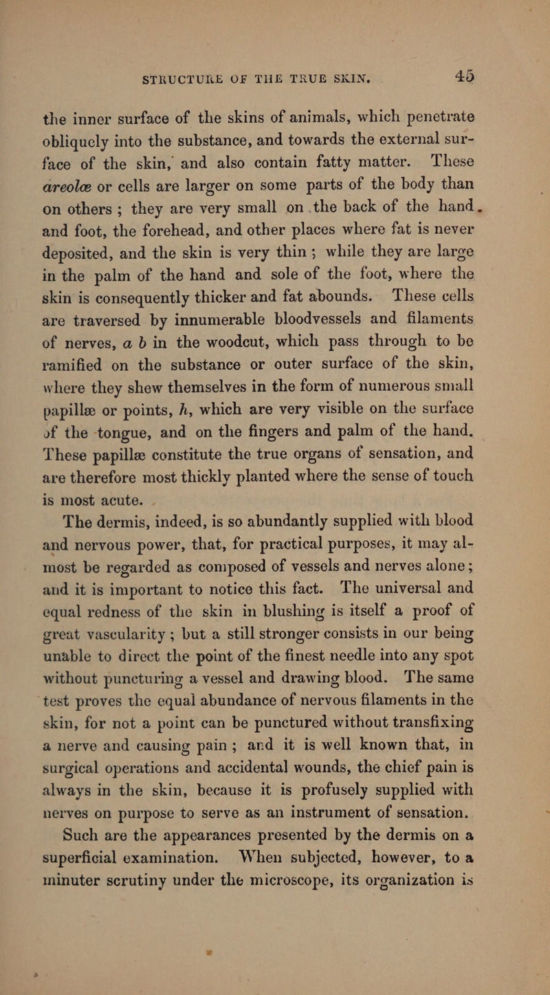 the inner surface of the skins of animals, which penetrate obliquely into the substance, and towards the external sur- face of the skin, and also contain fatty matter. These areole or cells are larger on some parts of the body than on others ; they are very small on .the back of the hand. and foot, the forehead, and other places where fat is never deposited, and the skin is very thin; while they are large in the palm of the hand and sole of the foot, where the skin is consequently thicker and fat abounds. These cells are traversed by innumerable bloodvessels and filaments of nerves, a b in the woodcut, which pass through to be ramified on the substance or outer surface of the skin, where they shew themselves in the form of numerous small papille or points, h, which are very visible on the surface of the tongue, and on the fingers and palm of the hand. These papillze constitute the true organs of sensation, and are therefore most thickly planted where the sense of touch is most acute. . The dermis, indeed, is so abundantly supplied with blood and nervous power, that, for practical purposes, it may al- most be regarded as composed of vessels and nerves alone ; and it is important to notice this fact. The universal and equal redness of the skin in blushing is itself a proof of great vascularity ; but a still stronger consists in our being unable to direct the point of the finest needle into any spot without puncturing a vessel and drawing blood. The same test proves the equal abundance of nervous filaments in the skin, for not a point can be punctured without transfixing a nerve and causing pain; ard it is well known that, in surgical operations and accidental wounds, the chief pain is always in the skin, because it is profusely supplied with nerves on purpose to serve as an instrument of sensation. Such are the appearances presented by the dermis on a superficial examination. When subjected, however, toa minuter scrutiny under the microscope, its organization is