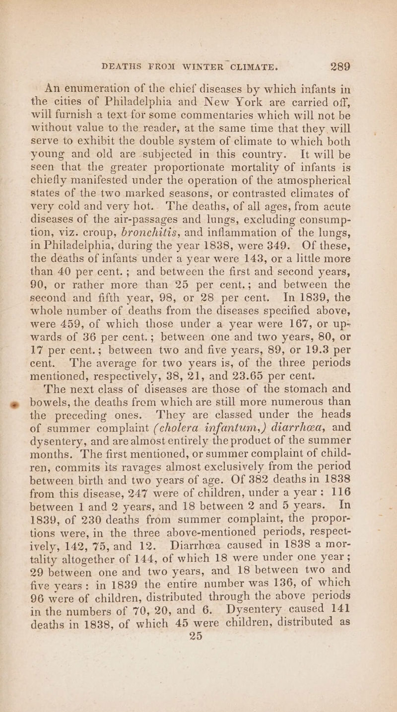 An enumeration of the chief diseases by which infants in the cities of Philadelphia and New York are carried off, will furnish a text for some commentaries which will not be without value to the reader, at the same time that they will serve to exhibit the double system of climate to which both young and old are subjected in this country. It will be seen that the greater proportionate mortality of infants is chiefly manifested under the operation of the atmospherical states of the two marked seasons, or contrasted climates of very cold and very hot.. The deaths, of all ages, from acute diseases of the air-passages and lungs, excluding consump- tion, viz. croup, bronchitis, and inflammation of the lungs, in Philadelphia, during the year 1838, were 349. Of these, the deaths of infants under a year were 143, or a little more than 40 per cent. ; and between the first and second years, 90, or rather more than 25 per cent.; and between the second and fifth year, 98, or 28 per cent. In 1839, the whole number of deaths from the diseases specified above, were 459, of which those under a year were 167, or up- wards of 36 per cent.; between one and two years, 80, or 17 per cent.; between two and five years, 89, or 19.3 per cent. ‘he average for two years is, of the three periods mentioned, respectively, 38, 21, and 23.65 per cent. The next class of diseases are those of the stomach and bowels, the deaths frem which are still more numerous than the preceding ones. They are classed under the heads of summer complaint (cholera infantum,) diarrh@a, and dysentery, and are almost entirely the product of the summer months. The first mentioned, or summer complaint of child- ren, commits its ravages almost exclusively from the period between birth and two years of age. Of 382 deaths in 1838 from this disease, 247 were of children, under a year: 116 between 1 and 2 years, and 18 between 2 and 5 years. In 1839, of 230 deaths from summer complaint, the propor- tions were, in the three above-mentioned periods, respect- ively, 142, 75, and 12. Diarrhea caused in 1838 a mor- tality altogether of 144, of which 18 were under one year ; 29 hetween one and two years, and 18 between two and five years: in 1839 the entire number was 136, of which 96 were of children, distributed through the above periods in the numbers of 70, 20, and 6. Dysentery caused 141 deaths in 1838, of which 45 were children, distributed as 29d