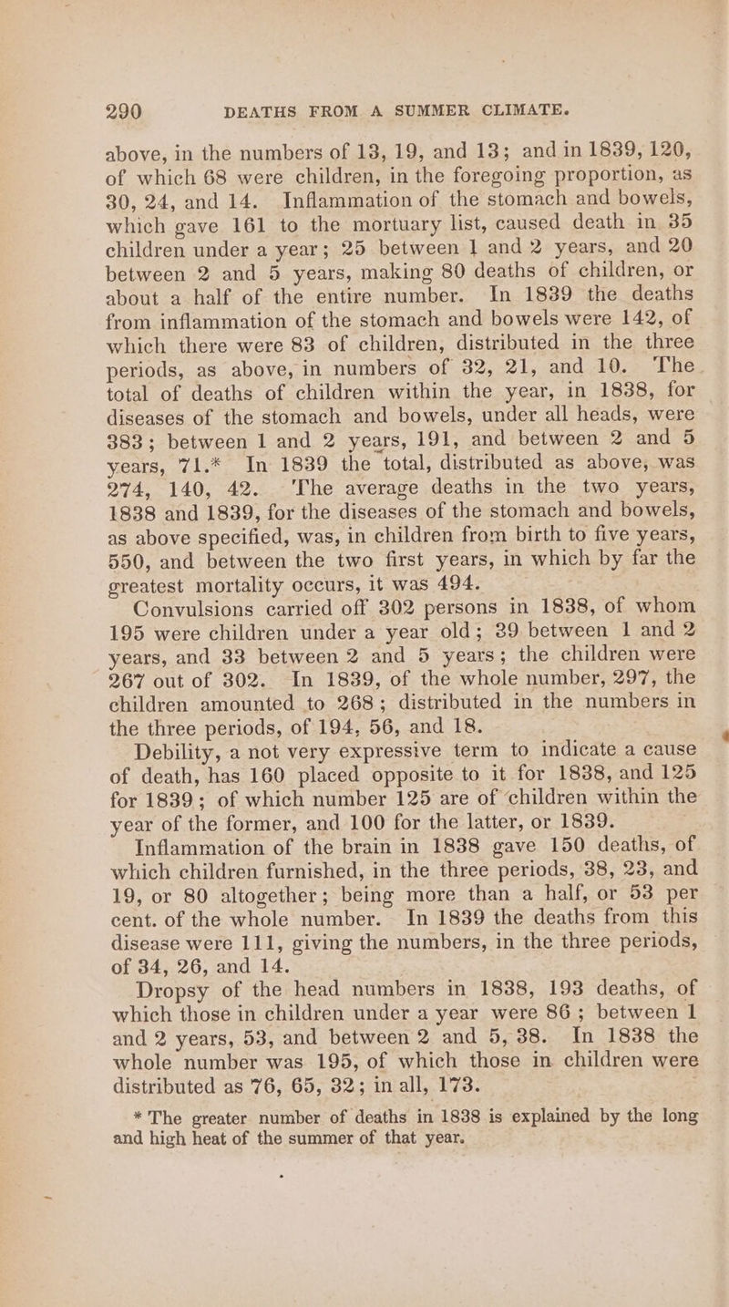 above, in the numbers of 13, 19, and 13; and in 1839, 120, of which 68 were children, in the foregoing proportion, as 30, 24, and 14. Inflammation of the stomach and bowels, which gave 161 to the mortuary list, caused death in 35 children under a year; 25 between | and 2 years, and 20 between 2 and 5 years, making 80 deaths of children, or about a half of the entire number. In 1839 the deaths from inflammation of the stomach and bowels were 142, of which there were 83 of children, distributed in the three periods, as above, in numbers of 32, 21, and 10. The total of deaths of children within the year, in 1838, for diseases of the stomach and bowels, under all heads, were 383; between 1 and 2 years, 191, and between 2 and 5 years, 71.* In 1839 the total, distributed as above, was 274, 140, 42. ‘The average deaths in the two years, 1838 and 1839, for the diseases of the stomach and bowels, as above specified, was, in children from birth to five years, 550, and between the two first years, in which by far the greatest mortality occurs, it was 494. Convulsions carried off 302 persons in 1838, of whom 195 were children under a year old; 29 between 1 and 2 years, and 33 between 2 and 5 years; the children were 267 out of 302. In 1839, of the whole number, 297, the children amounted to 268; distributed in the numbers in the three periods, of 194, 56, and 18. Debility, a not very expressive term to indicate a cause of death, has 160 placed opposite to it for 1838, and 125 for 1839; of which number 125 are of children within the year of the former, and 100 for the latter, or 1839. Inflammation of the brain in 1838 gave 150 deaths, of which children furnished, in the three periods, 38, 23, and 19, or 80 altogether; being more than a half, or 53 per cent. of the whole number. In 1839 the deaths from this disease were 111, giving the numbers, in the three periods, of 34, 26, and 14. Dropsy of the head numbers in 1838, 193 deaths, of which those in children under a year were 86; between 1 and 2 years, 53, and between 2 and 5, 38. In 1838 the whole number was 195, of which those in children were distributed as 76, 65, 32; in all, 173. *The greater number of deaths in 1838 is explained by the long and high heat of the summer of that year.