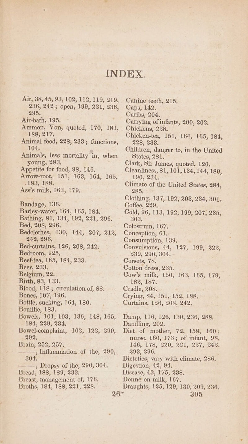 Air, 38, 45, 93, 102, 112, 119, 219, 236, 242; open, 199, 221, 236, 295. Air-bath, 195. Ammon, Von, quoted, 170, 181, 188, 217. Animal food, 228, 233 ; ae 104. Animals, less mortality” in, when young, 283. Appetite for food, 98, 146. Arrow-root, 151, 163, 164, 165, .183, 188. Ass’s milk, 163, 179. Bandage, 136. Barley-water, 164, 165, 184. Bathing, 81, 134, 192, 221, 296. Bed, 208, 296. Bedclothes, 130, 144, 207, 212, 242, 296. Bed-curtains, 126, 208, 242, Bedroom, 125. Beef-tea, 165, 184, 233. Beer, 233. Belgium, 22. Birth, 83, 133. Blood, 118; circulation of, 88. Bones, 107, 196. Bottle, sucking, 164, 180. Bouillie, 183. Bowels, 101, 103, 136, 148, 165, 184, 229, 234. Bowel-complaint, 292. Brain, 252, 257. , Inflammation of the, 290, 304. , Dropsy of the, 290, 304. Bread, 188, 189, 233. Breast, management of, 176. Broths, 184, 188, 221, 228. 102, 122, 290, Canine teeth, 215. Caps, 142. Caribs, 204. Carrying of infants, 200, 202. Chickens, 228. Chicken-tea, 151, 164, 165, 184, 228, 233. Children, danger to, in the United States, 281. Clark, Sir James, quoted, 120. Cleanliness, 81, 101, 134, 144, 180, 190, 234. Climate of the United. States, 284, 285. Clothing, 137, 192, 203, 234, 301. Coffee, 229. Cold, 96, 113, 192, 199, 207; 235, 303. Colostrum, 167. Conception, 61. Consumption, 139. Convulsions, 44, 127, 239, 290, 304. Corsets, 78. / Cotton dress, 235. Cow’s milk, 150, 163, 165, 179; 182, 187. Cradle, 208. Crying, 84, 151, 152, 188. Curtains, 126, 208, 242. 199, 222, Damp, 116, 126, 130, 236, 288. Dandling, 202. Diet. of mother, 72, 158, 160; nurse, 160, 173; of infant, 98, 146, 178, 220, 221, 227, 242. 293, 296. Dietetics, vary with climate, 286. Digestion, 42, 94, Disease, 43, 175, 238. Donné on milk, 167. Draughts, 125, 129, 130, 209, 236,