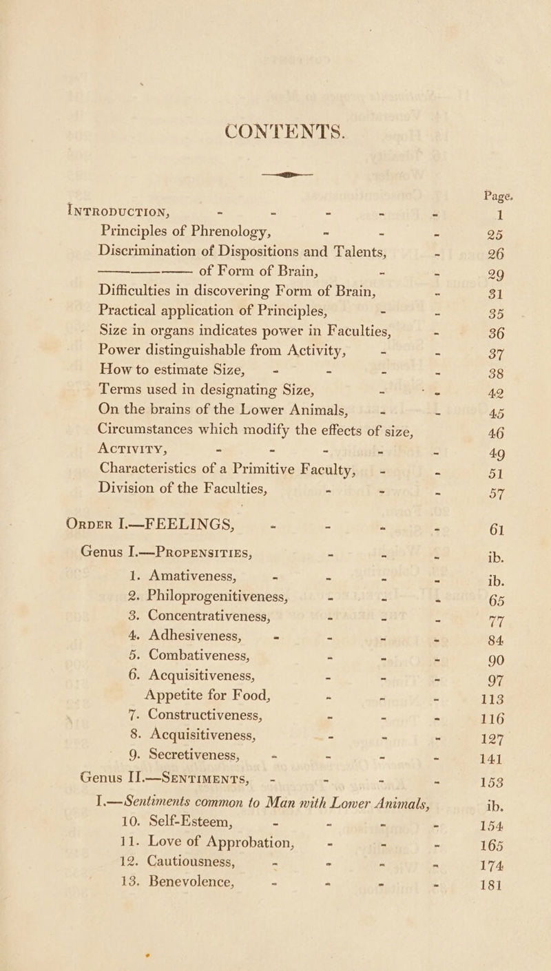 CONTENTS. eee Page. INTRODUCTION, “ . - = : 1 Principles of Phrenology, ~ - . 25 Discrimination of Dispositions and Talents, . 26 of Form of Brain, 2 x 29 Difficulties in discovering Form of Brain, a 31 Practical application of Principles, - : 35 Size in organs indicates power in Faculties, - 36 Power distinguishable from Activity, - f 37 How to estimate Size, = - - i 38 Terms used in designating Size, - oS 42 On the brains of the Lower Animals, a 3 AS Circumstances which modify the effects of size, 4.6 ACTIVITY, - - “ . E 4.9 Characteristics of a Primitive Faculty, — - = aT Division of the Faculties, - n . 57 Orver I.—FEELINGS, - - = - 61 Genus I.—PropEnsITIEs, : a AX 1. Amativeness, - - = ib. 2. Philoprogenitiveness, - - a 65 3. Concentrativeness, - g e my 4, Adhesiveness, - - * . 84 5. Combativeness, “ wm  90 6. Acquisitiveness, 2 = : 97 Appetite for Food, “= a  113 7. Constructiveness, 1 ‘ 4 116 8. Acquisitiveness, ~ - - 127 9. Secretiveness, “ ~ - - 14] Genus II.—SrEnTIMENTs, ~— - - - Z 153 1.— Sentiments common to Man with Lower Animals, ib. 10. Self-Esteem, n ~ - - 154 11. Love of Approbation, - - - 165 12. Cautiousness, = = e se 174 13. Benevolence, _ ~ - - 181