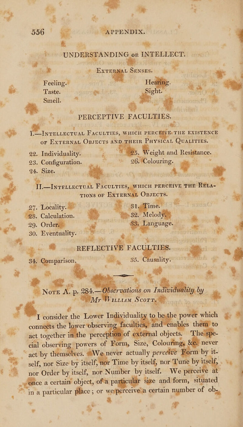 “t &amp; % it 556 ' oe APPENDIX. coh Me UNDERSTANDING or INTELLECT. # » én . , * - a SENSES. 4 = a . * . : | | o Feeling. | Hearing. ce a es Taste. en oe 4 ae ae 7 oe Smell. ~ és : g fy Je f . * is PERCEPTIVE FACULTIES. | ® | fee, eu &gt; “© T—Inreviectuat Facu.Ties, WHICH PERCE VE- THE EXISTENCE or ExTERNAL OgsEcTs AND THEIR Puysica QuaLiTIEs. be ; 22. Individuality. ‘ as eight and Resistance. 93. Configuration. . “— “ 26% . Colouring. - i Size. me. ; hi ee * | Tr. _ INTELLECTUAL FACULTIES, WHICH PERCEIVE THE RELA- — TIONS OF EXTERN: i | ae F ‘OW: Locality. hE stgpine qc Wet, . . z 98. Calculation. Pas | 1 82. * F ‘ e* 29. Order. _s ¢ 83, i 3 - . - 30. Eventuality. $ sa 7 ty ms eHarm ves | - i REFLECTIVE FACU LTIES. — ae oii 34, Comparison. &amp; 35. usality’ ve: * a 4 a a . ae of. cs. 2341.— B cio on eae * ¥i , Mr WiLitaM. Scorn. 56 oe | I consider the Lower In t b e oot which &lt; « connects the lower ‘observing f: sale an es them to i he percept of extéinal oe ree aie - act together i 1 | cial ape ae of Form, Size, Colouring; never Fi ~~ act by themselves. #We never actually per ete Form by it- F % self, nor Size by itself, nor Time by itself, nor Tune byi r.3 v% e at $ a nor Order by. itself, nor Number ata itself, We percel ce a certain object, of'a pa size and form, situated : a in a particular place ; or wesperceivela certain number of obs, é “&gt; ae - a My . , rf ‘
