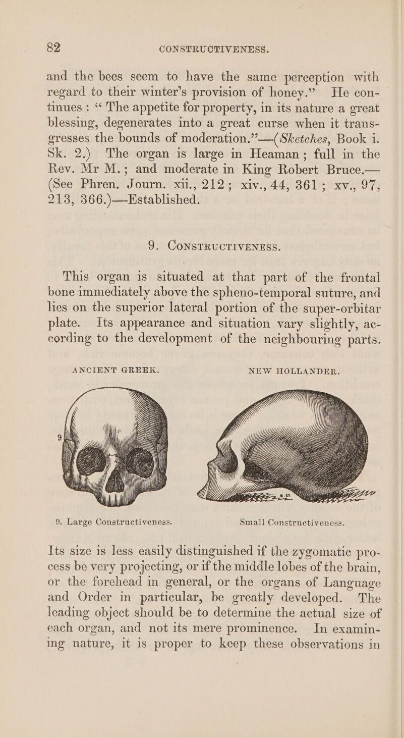 and the bees seem to have the same perception with regard to their winter’s provision of honey.” He con- tinues : “‘ The appetite for property, in its nature a great blessing, degenerates into a great curse when it trans- gresses the bounds of moderation.”’—( Sketches, Book i. Sk. 2.) The organ is large in Heaman; full in the Rev. Mr M.; and moderate in King Robert Bruce.— (See Phren. Journ. xii., 212; xiv., 44, 361; xv., 97, 218, 366.)—Established. 9. CONSTRUCTIVENESS. This organ is situated at that part of the frontal bone immediately above the spheno-temporal suture, and hes on the superior lateral portion of the super-orbitar plate. Its appearance and situation vary slightly, ac- cording to the development of the neighbouring parts. 9. Large Constructiveness. Small Constructiveness. Its size is less easily distinguished if the zygomatic pro- cess be very projecting, or if the middle lobes of the brain, or the forehead in general, or the organs of Language and Order in particular, be greatly developed. The leading object should be to determine the actual size of each organ, and not its mere prominence. In examin- ing nature, it is proper to keep these observations in