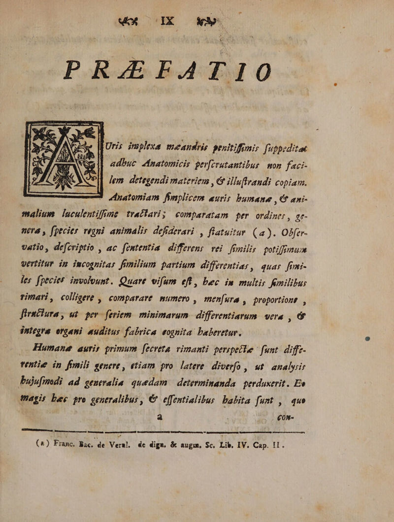 we IX o e PRAEFATIO em Uri; implexa. meandris proitiff mir fuppeditae Nol] adbuc natomicis ger[erutantibus mon faci- lem. detegendi materiem , &amp; illuftrandi copiam. Anatomniam fiplicem auris bumane , € ani- malium luculentiffme tralari; comparatam per ordiner, gt- nera , fpecies vegni animalis defidevari , flatuitur (a). Obfer- vatio, defcriptio , ac fententia differens vei. fomilir. potiffimum vertitur ip imcognitar fumilium partium differentia: , quar fimi- les fpeciet involoumt. Quare vifum eft, bec im multir Jmilibus rimari, colligere , comparare mumero , men[ura , proportione , firutiura, ui. per. feriem. minimarum. differentiarum. vera , &amp; integra. ergani auditus fabrica eognita baberetur. Humane auris primum [ecveta. vimanti. perspetle ^ funt. diffe- tene in Jemnili genere , etiam pro. latere. diverfo , ut. analyrir bujufmsdi ad generalia. quedam: determinanda | perduxerit. En frais bec 2ro generalibus, € effentialibus babita funt ,| quo | a | £on- naues PERDRE NA