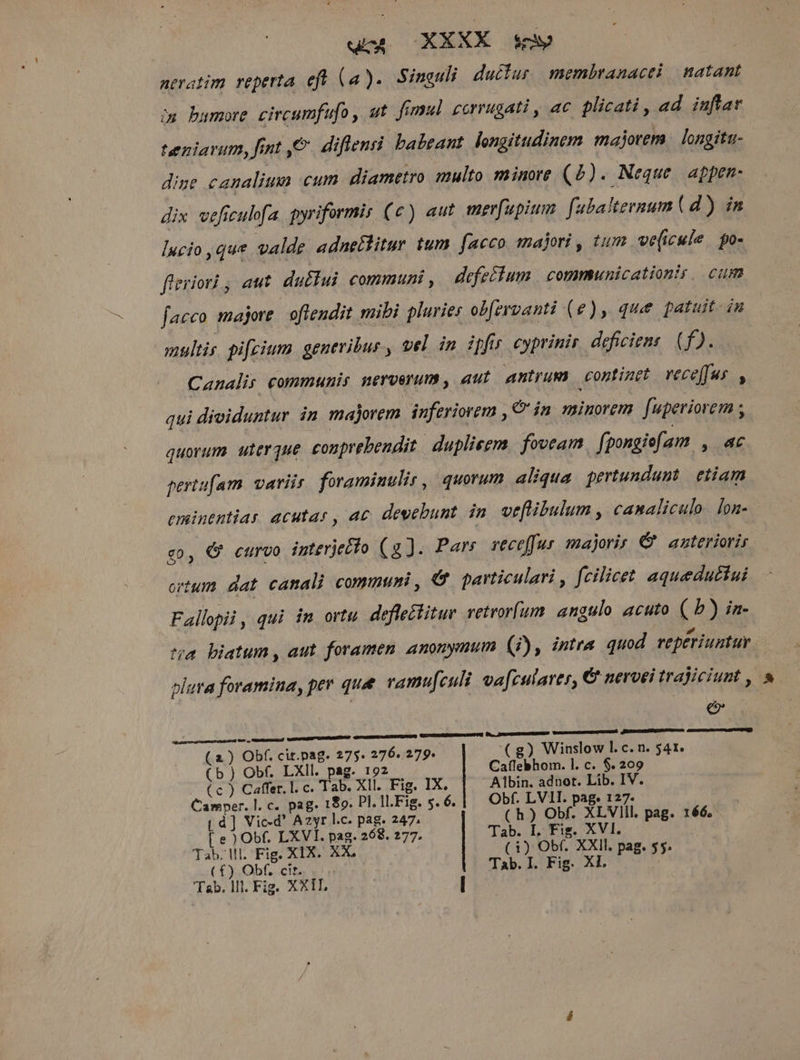 neratim reperta eft (a). Singuli. ductus membranacti | natant in bumore circumfufo , ut fimul corrugati, ac plicati , ad inftar teniavum, fint &amp; diftensi babeant longitudinem. majorem. longitu- dine canalium cum. diametro multo minore (6). Neque. appen- dix veficulofa pyriformis (c) aut mer[upium fabaltermum (d) in lucio que valde adnetlitur tum facco majori, tum ve(icule | go- fieriori, aut duélui communi, defectum | communicationis. cum jacco majore. oftendit mibi pluries ob[ervanti (e), que patuit in multis. pifcium generibus , vel in ipfir eyprinir deficiens. (f). Canalis communis nerverum , aut antrum) continet vece[Jus., qui dividuntur in majorem inferiorem , C in. minorem fuperiorem ; quorum uterque. conprebendit. duplieem foveam fpongiofam. , 46 pertufam variis. foraminulis, quorum aliqua. pertundumt. etiam eminentias acutar, ac. degebunt in veflibulum , canaliculo. lon- c0, C curvo interjetto (2). Par: recefur. majori; € anterioris ortum dat canali communi , € particulari , fcilicet. aqueduttui Fallopii, qui im ortu deflectitur retror(um. angulo acuto (5) in- ^4 biatum , aut. foramen anomymum (1), intra quod repériuntur plara foramina, per que ramu[culi vafcularer, &amp; neroei trajiciunt , e (a) Obf. cit.pag. 275. 276. 279. (g) Winslow l. c. n. 541. (b ) Obf. LXIl. pag. 192 Caflebhom. l. c. $. 209 (c) Caffer.l. c. Tab. Xll. Fig. IX. Albin. adnot. Lib. IV. Camper. l. c. pag. 189. Pl. Il.Fig. 5. 6. Obf. LVII. pag. 127. ( d] Vic-d' Azyr l.c. pag. 247. ( h) Obf. XLVIIl. pag. 166. [ e ) Obf. LXVI. pag. 268. 277, Tab. I. Fig. XVI. Tab. IIl. Fig. XIX. XX. (1) Obf. XXII. pag. 55. ( £).Obf. eit. $0 Tab. I. Fig. XI. Tab. lll. Fig. XXII, t