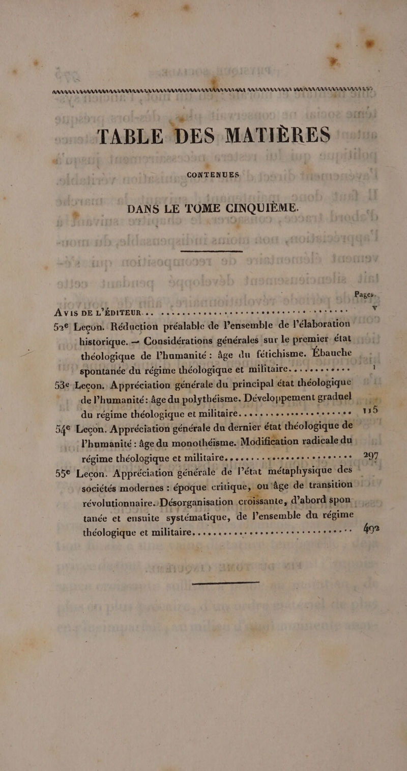 * Fr. RAA LAN AAA AAA RAR ANR RAS AT, AA ANNE RAR ARE RS À 4 TABLE DES MATIÈRES 4 CONTENUES à DANS LE TOME CINQUIÈME. Pages. AVIS DE L'ÉDITEUR... eee. Le A Er ÉMIS EE Ÿ 52 Lecon. Réduction préalable de l’ensemble de l'élaboration historique. — Considérations générales sur le premier état théologique de l’hamanité : âge du fétichisme. Ébauche spontanée du régime théologique et militaire. ........... Per 53e ‘Lecon. Appréciation générale du principal état théologique de l’humanité: âge du polythéisme. Développement graduel ut du régime théologique et militaire. pen MALE Rs 54° Lecon. Appréciation générale du dernier état théologique de l'humanité : âge du monothéisme. Modification radicale du régime théologique et militaire.s......sesoseserverree 297 55€ Lecon. Appréciation générale de l’état métaphysique des | sociétés modernes : époque critique, ou ‘âge de transition révolutionnaire.»Désorganisation croissante, d’abord spon , tanée et ensuite systématique, de l’ensemble du régime théologique et militaire. ..........es..s.ss...e..ese. 492